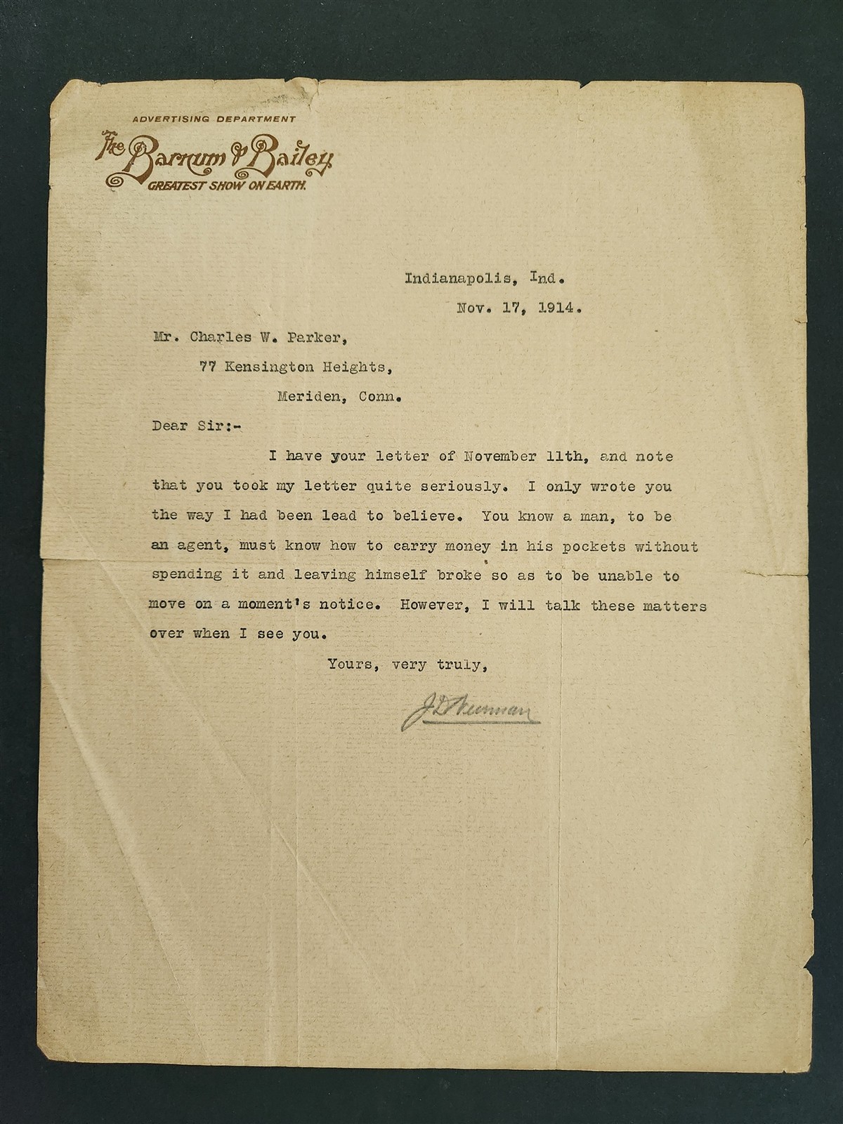 1914 antique BARNUM & BAILEY CIRCUS LETTERHEAD ad LETTER meriden ct PARKER