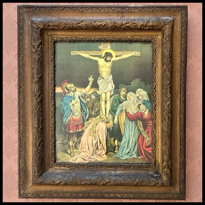 Antique Victorian Crucifixion Jesus Christ Chromolithograph Framed Catholic Art