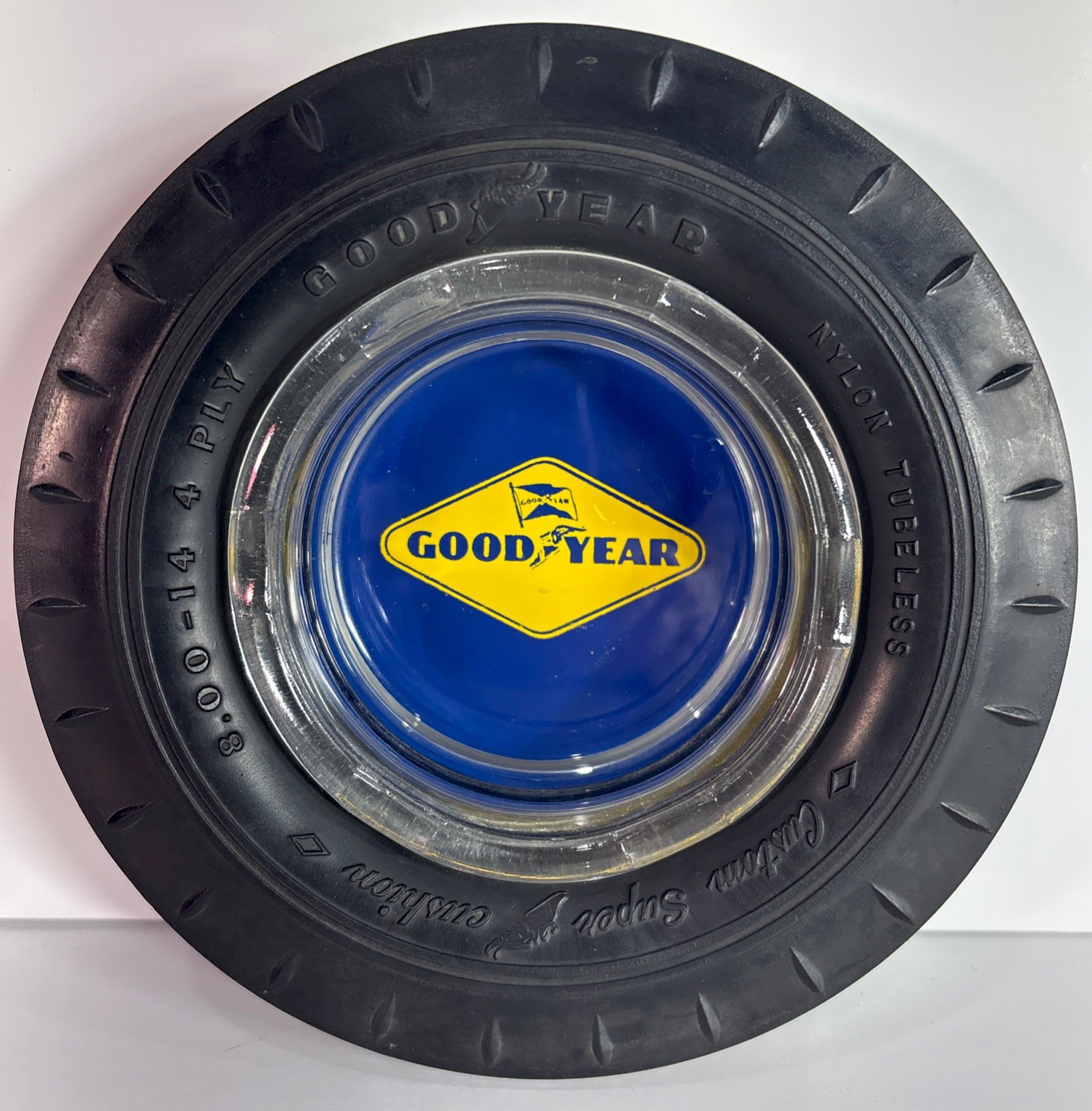 Vintage Goodyear Tires Rubber Tire Ashtray Advertising Promo Blue Glass Insert