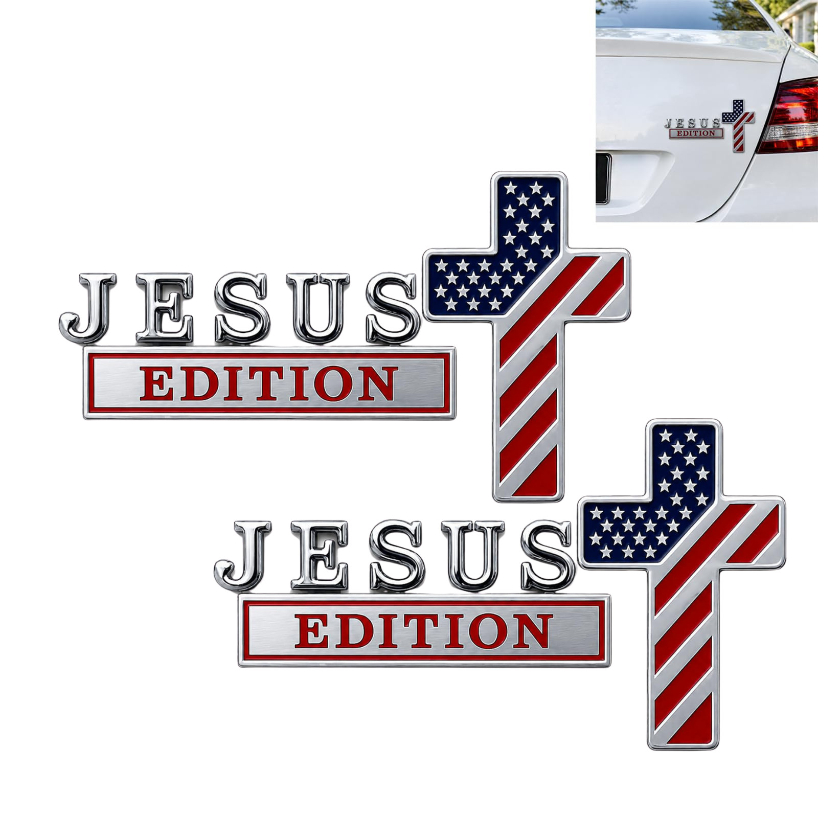 Blessed Jesus Edition Cross Car Emblem, Universal Metal Car Auto Sticker 2PCS