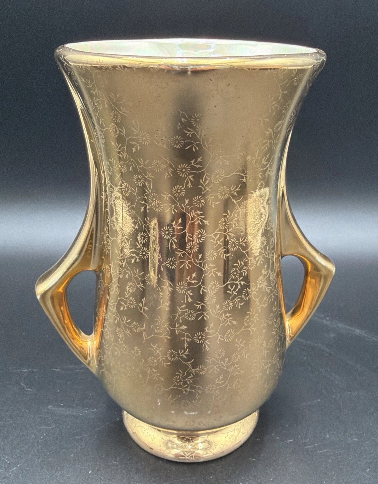 Vintage Pearl China Co 22K Gold Vase Double Handle Opalescent Iridescent 7.5”