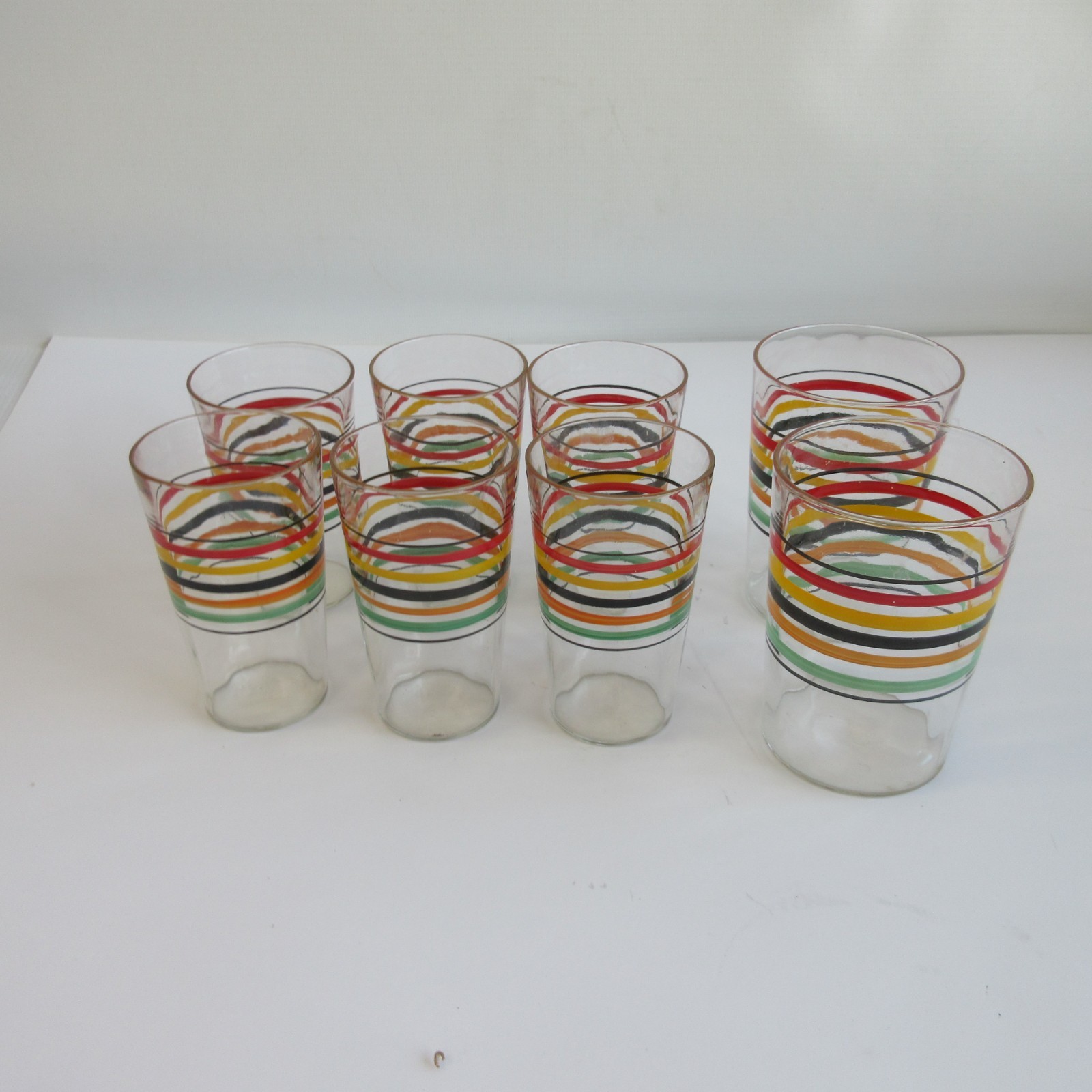 8 Vintage MCM Ring Ding Anchor Hocking? or Libbey? Striped Glasses Lot