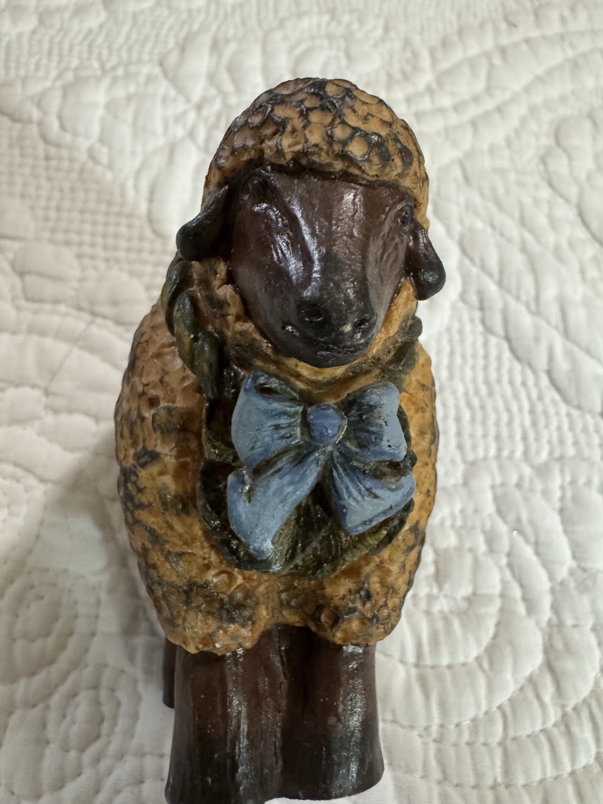 Rustic Primitive Brown Resin Textured Wool Sheep with blue bow