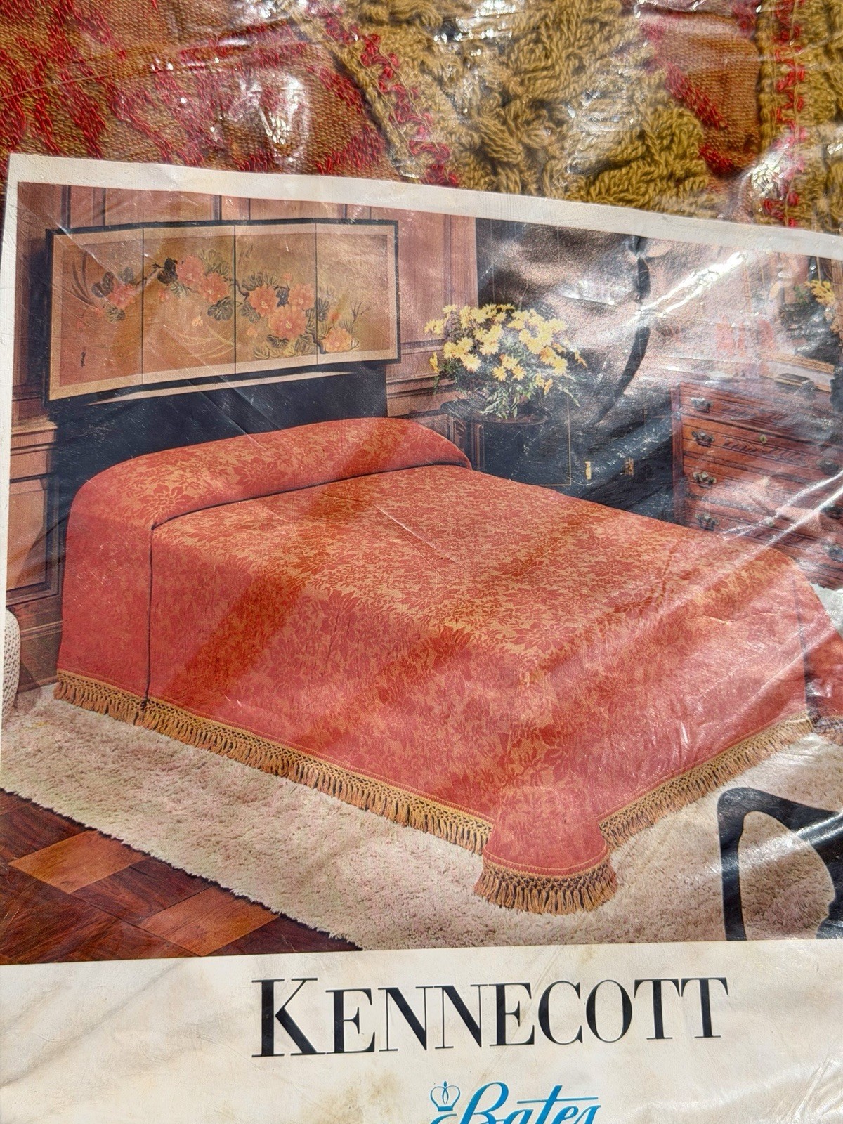 Vintage 1960s GOLD FRINGE Bates Tapestry Bedspread MCM Retro Double Blanket NWT