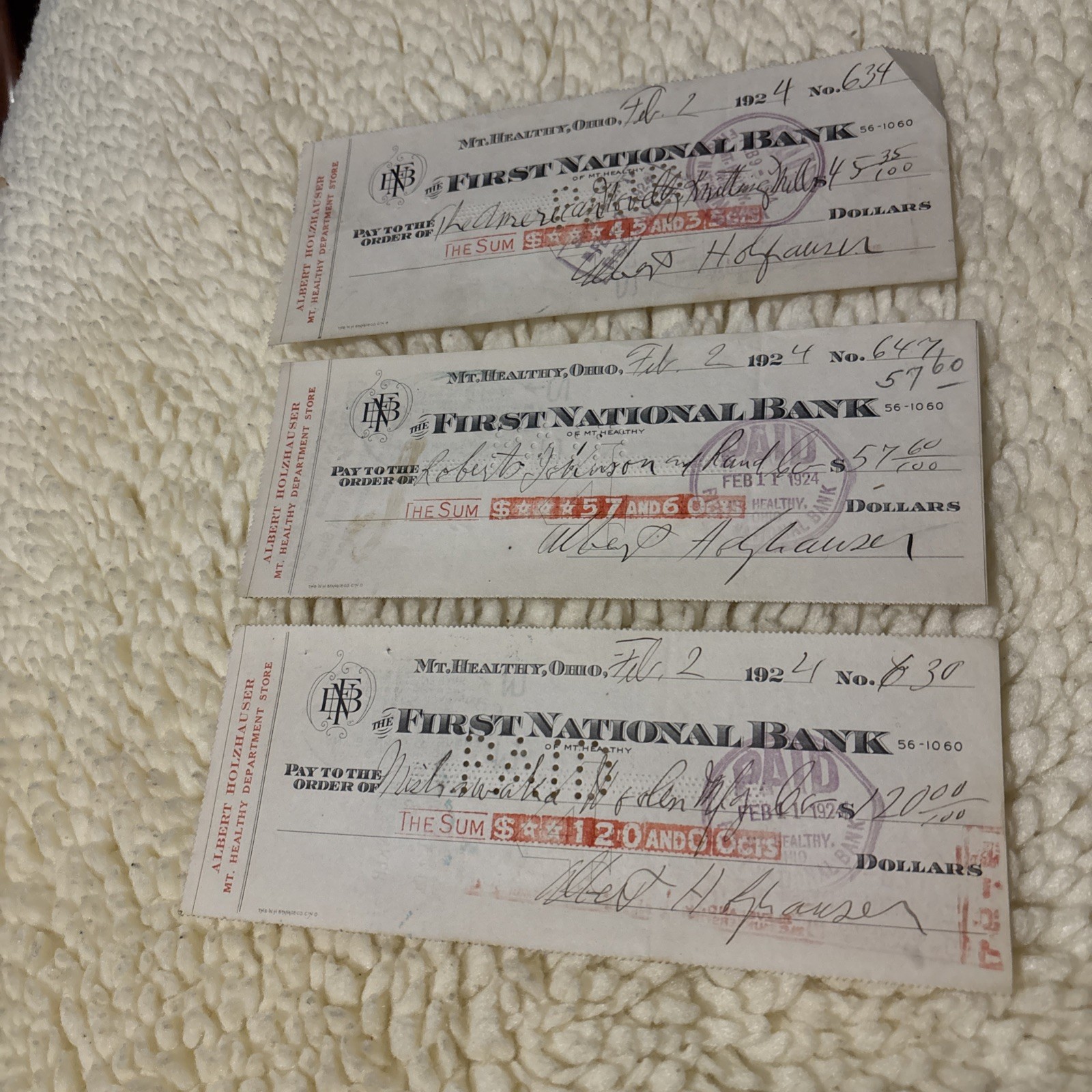 Vintage 1924 First National Bank Mt Healthy Ohio (3) Cancelled Checks