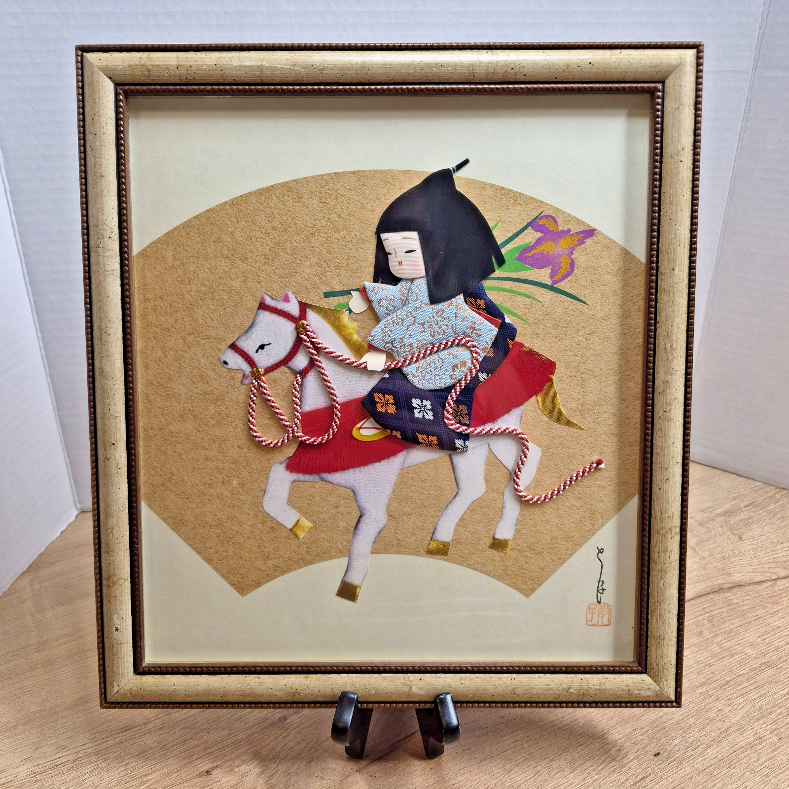 Vintage Japanese Oshie Fabric Art 3D Relief White Horse Samurai Boy Framed 12\