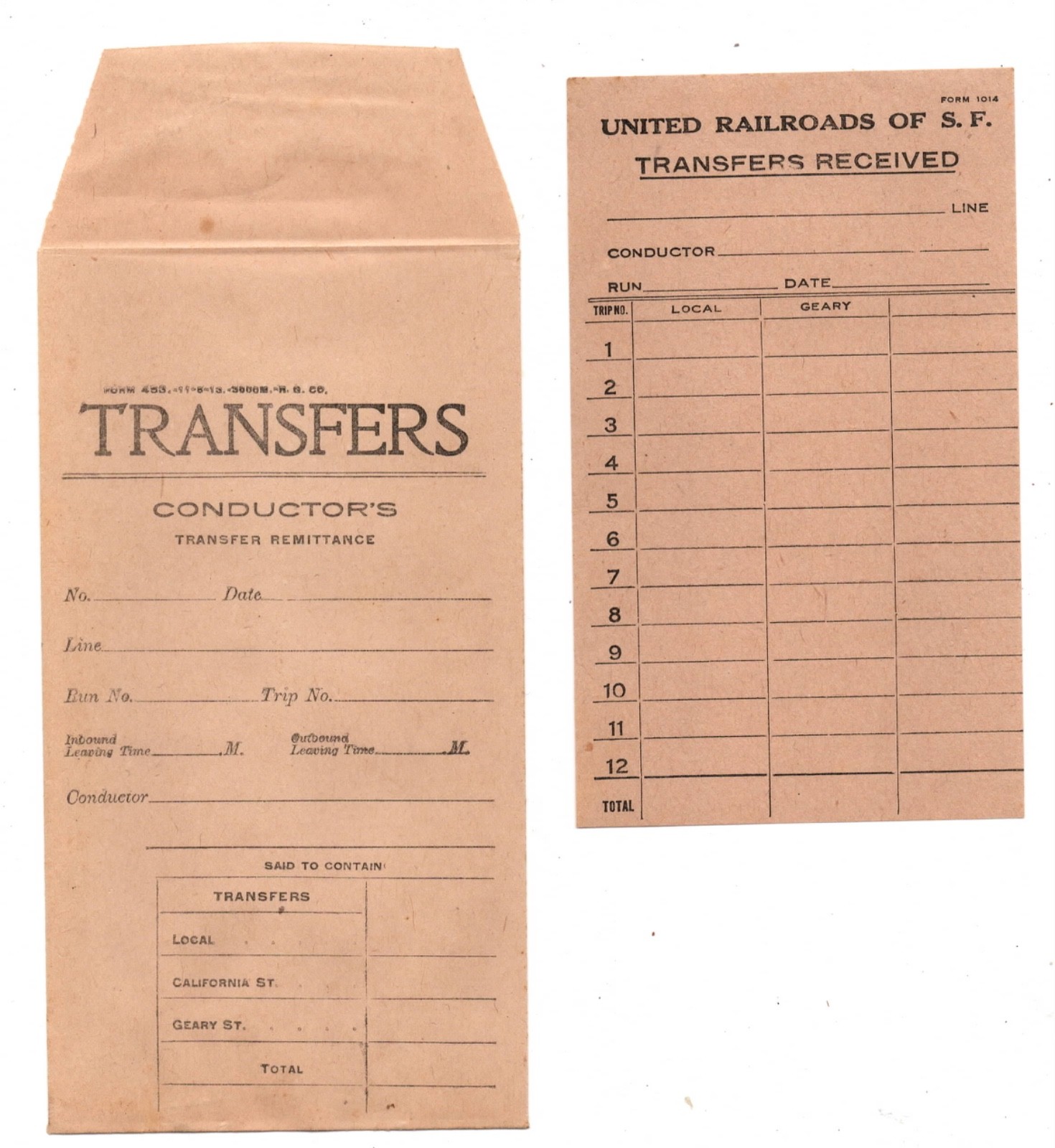 1910 United Railroads of San Francisco Conductors Transfer Envelope and Receipt