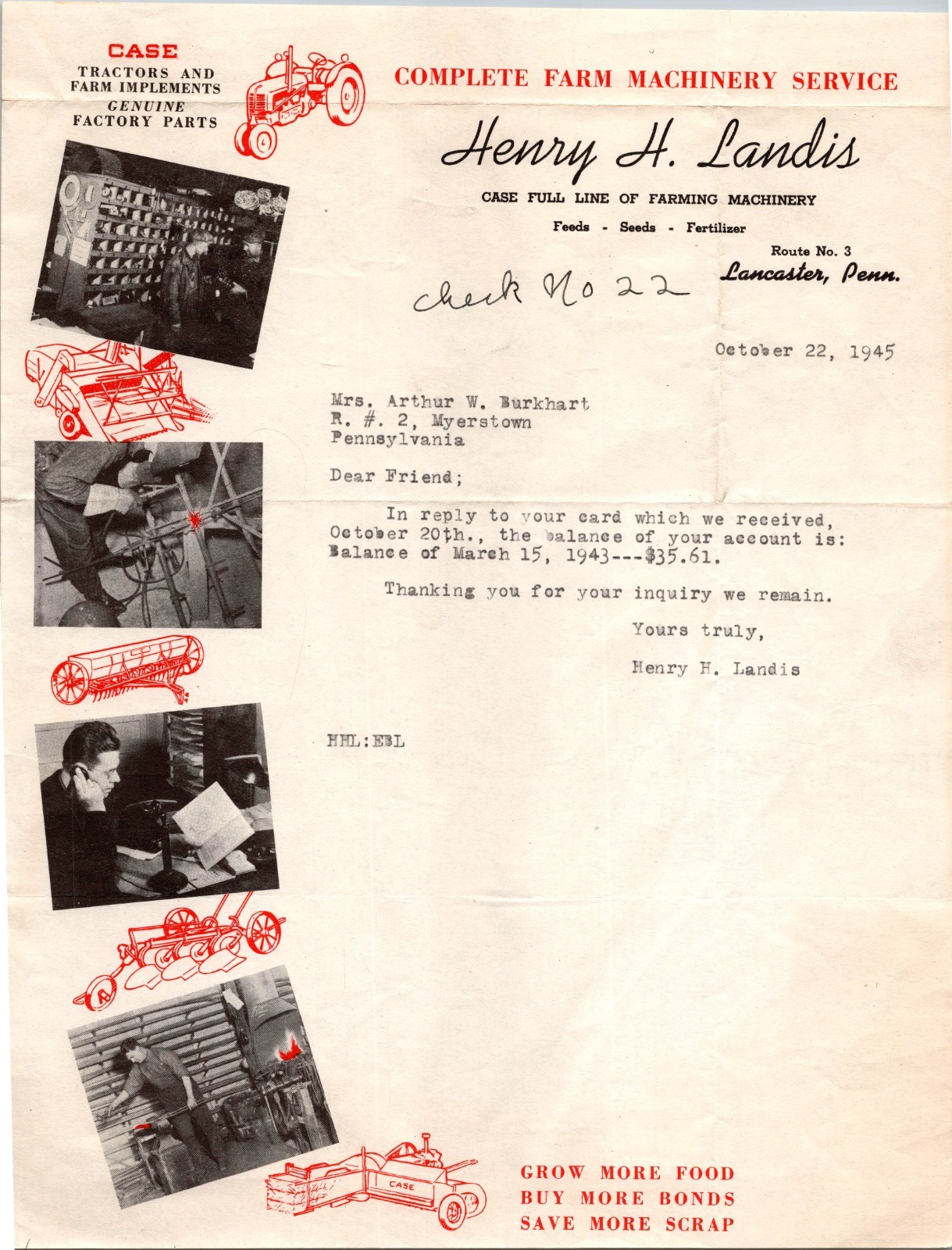Henry Landis Lancaster PA 1945 Graphic Letterhead Case Tractors Farm Machinery