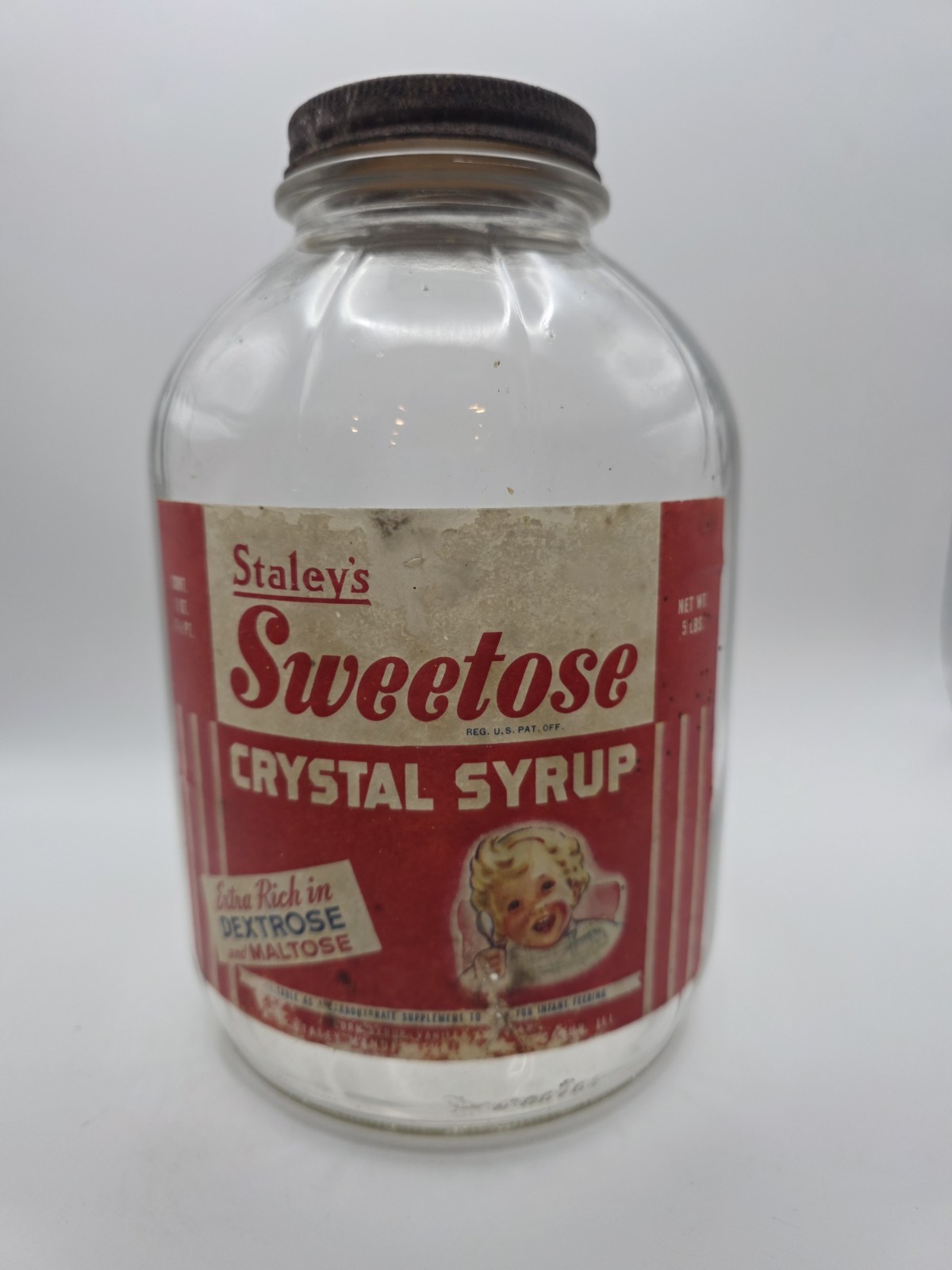 Vintage Staley\'s Sweetose Crystal Syrup 5 LB Glass Jar 1940s 1950s Decatur IL