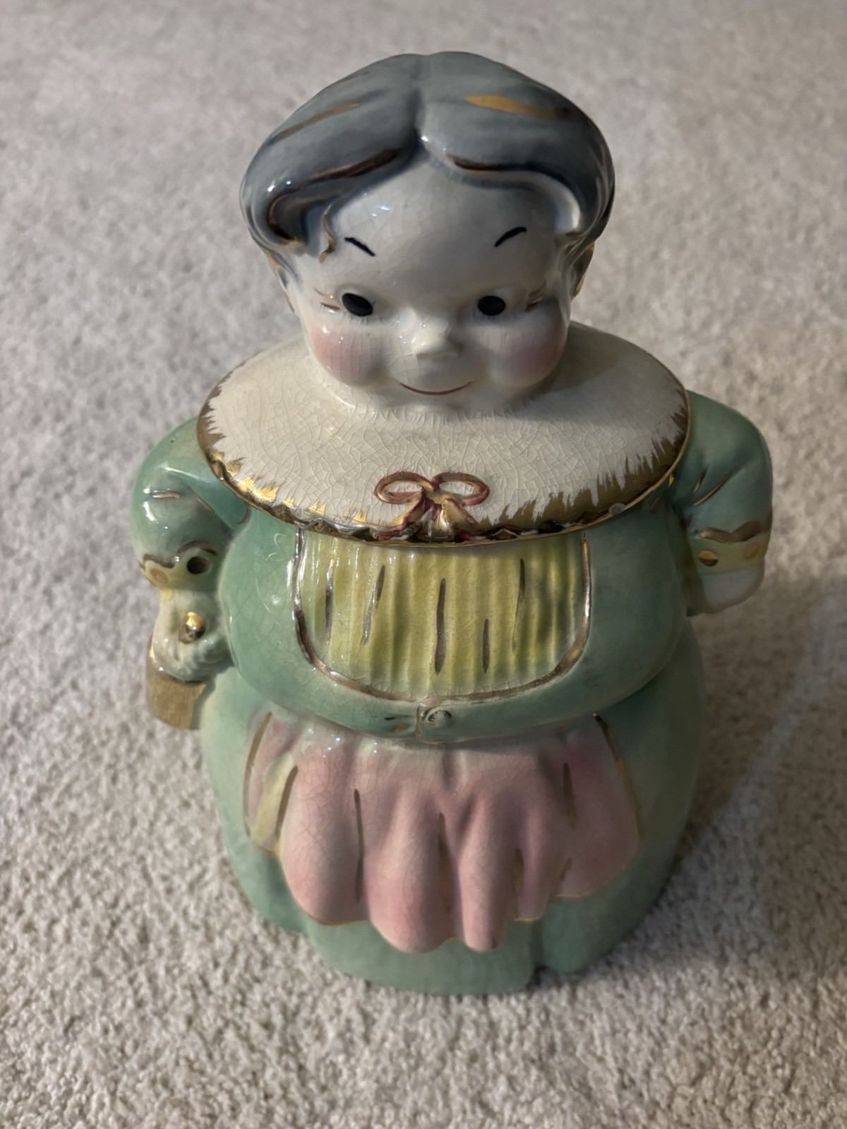 Vintage COOKIE JAR Granny Rolling Pin Brush Pottery USA Rare 11” Gold Trim
