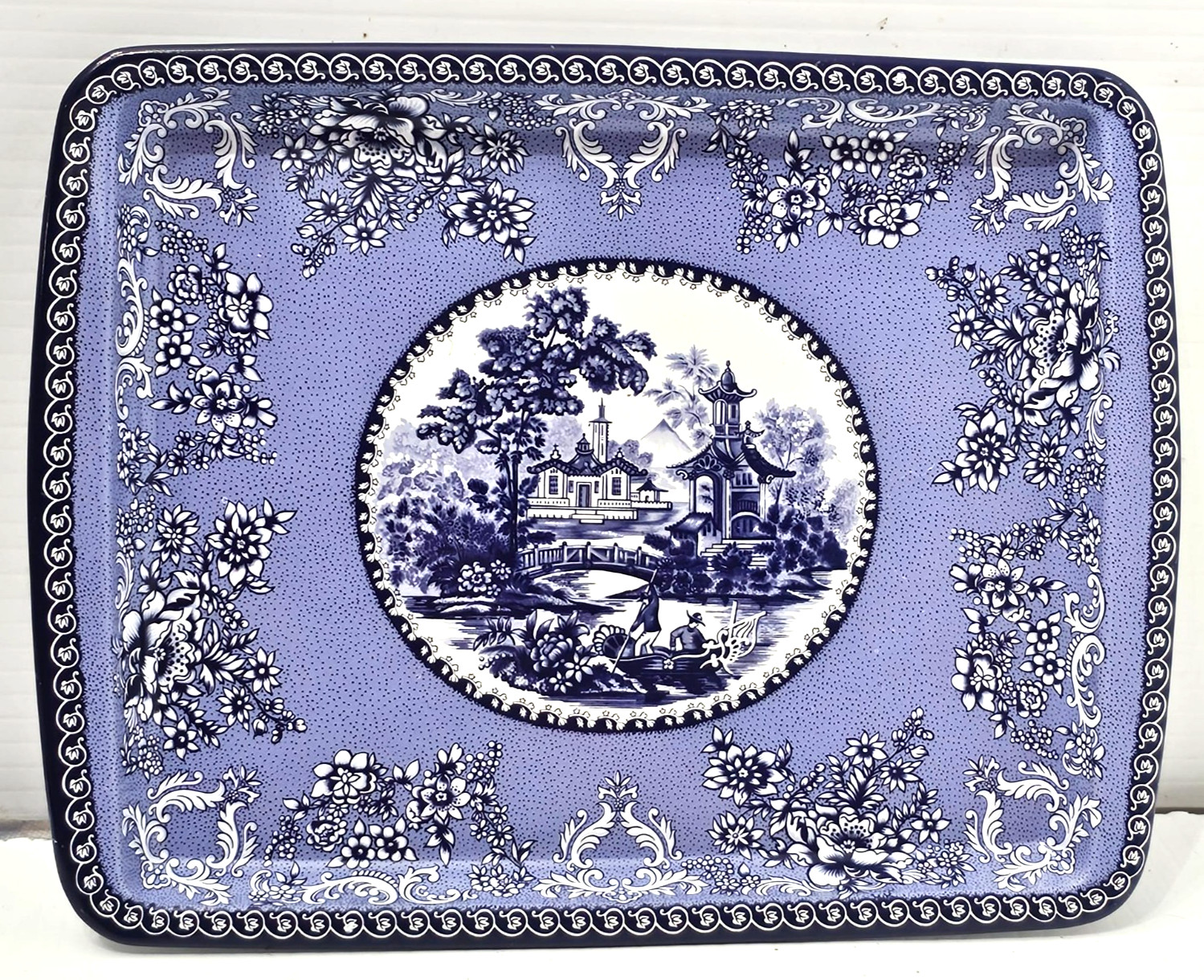 Vintage Daher Decorated Ware Tin Tray 6x7.25 Blue White Chinoiserie Pagoda Engla