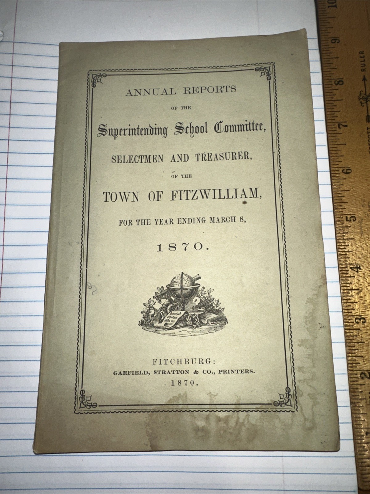 Annual Reports of the School Committe Town of Fitzwilliam NH 1870 Original Copy