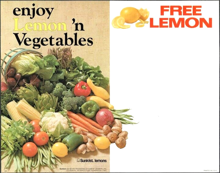 Large Sunkist Lemon 'n Vegetables Cardboard Sign - c-1977 New Old Stock
