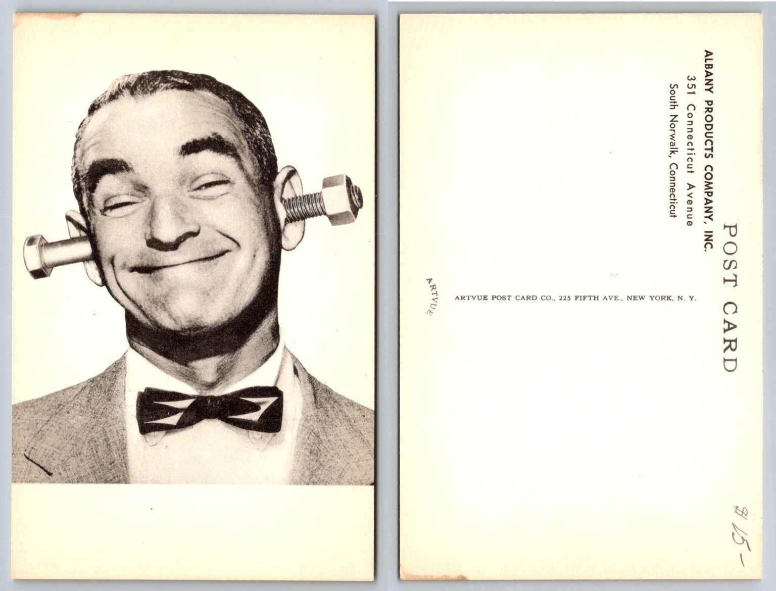 ARTVUE Postcard Man Bolt Nut Ears Funny Novelty Albany Products Co Ad