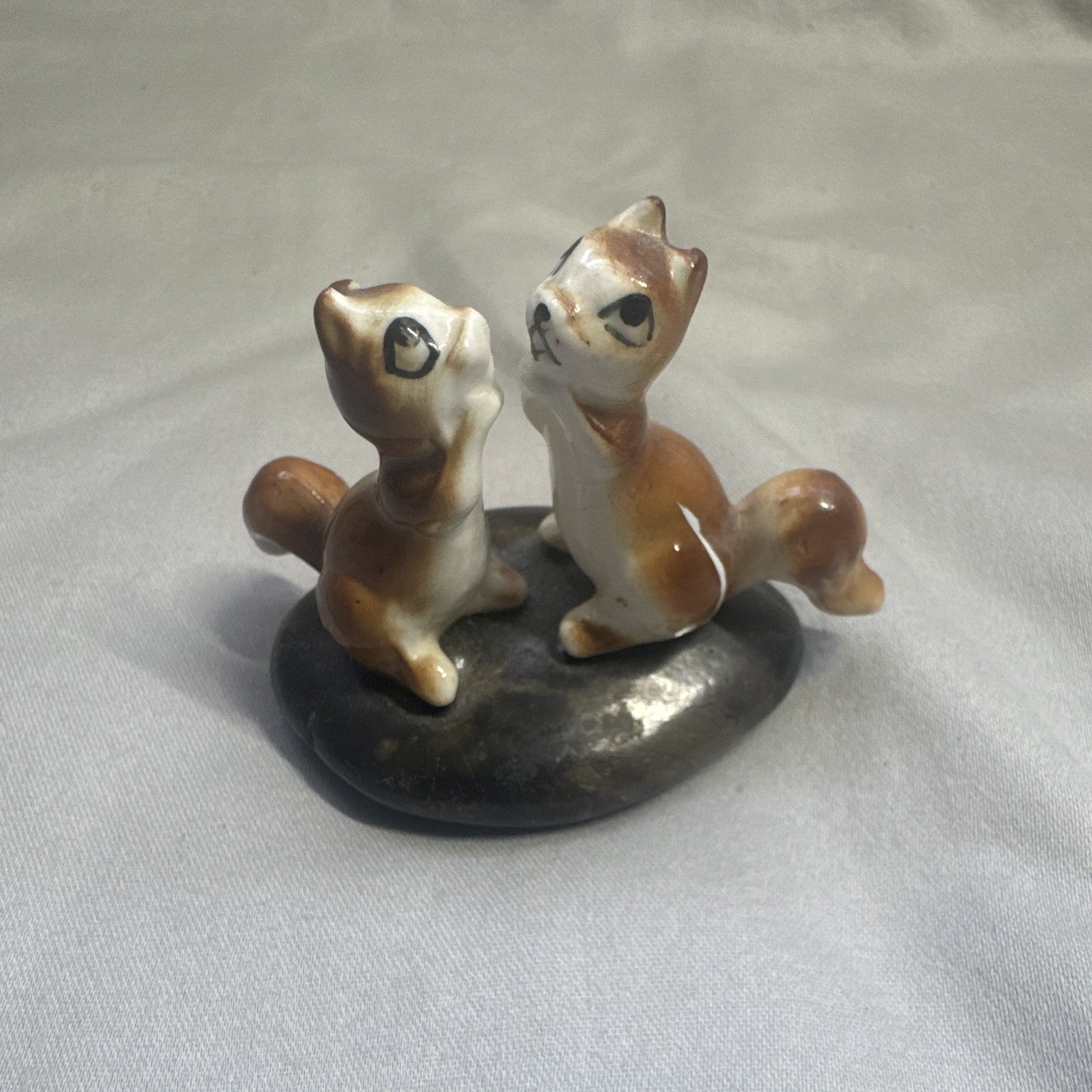 Vintage Cute Ceramic Chipmunk Figurines on Rock Miniature Japan Kitsch MCM