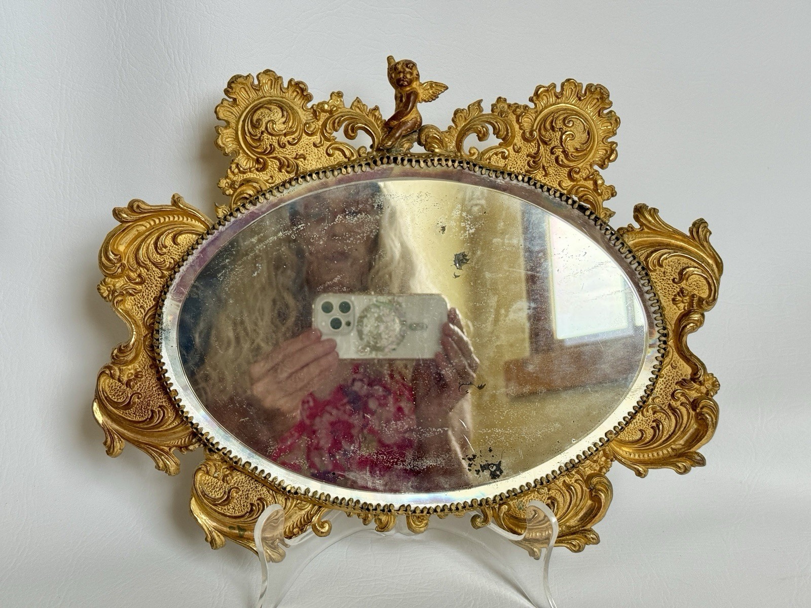 VTG Matson Gold Ormolu Cherub Mirror Vanity Tabletop Rococo Brass  AS-IS Damaged