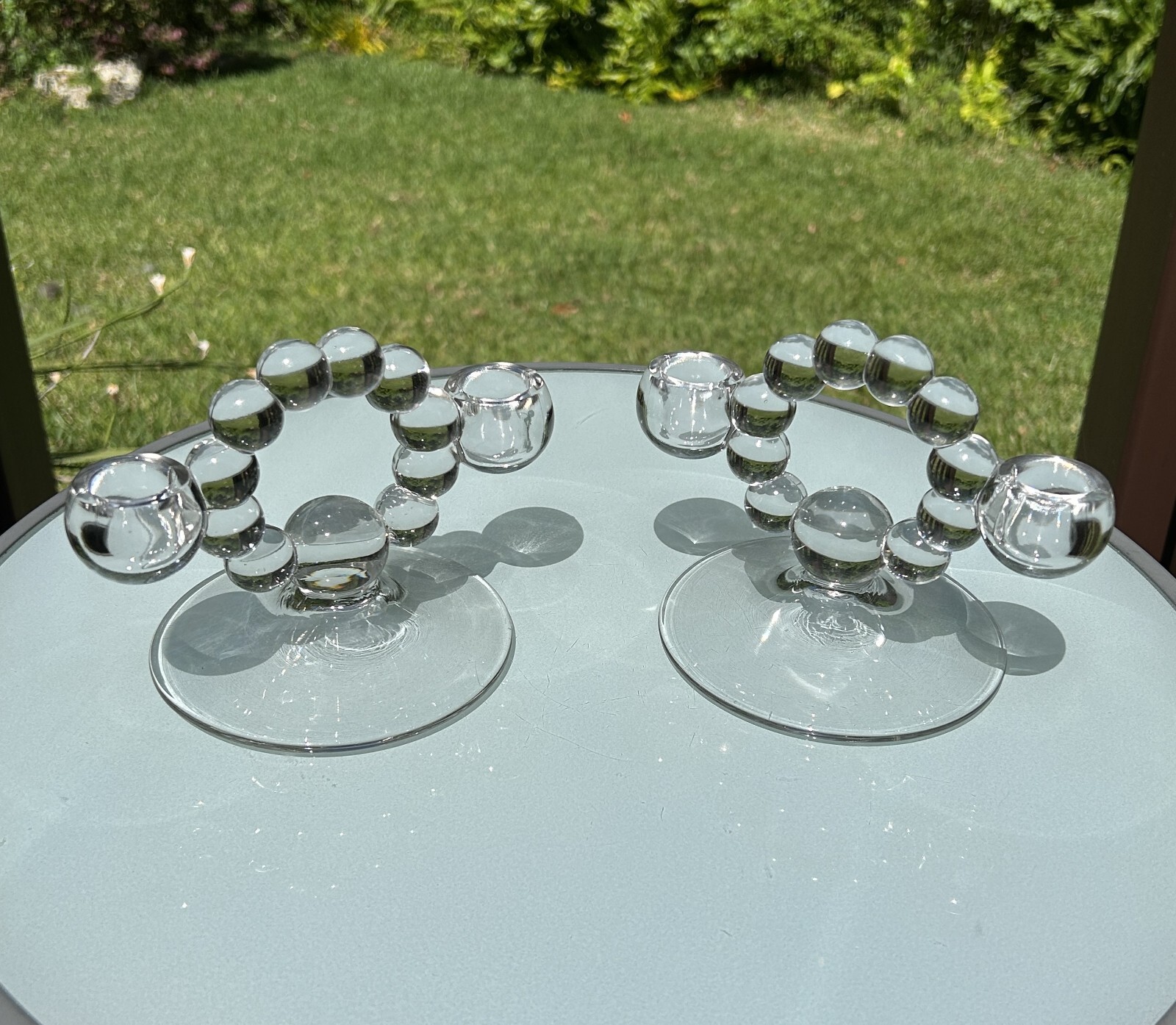 Vintage Pair Imperial Clear Glass Candlewick Bubble Taper Candleholders 1940s