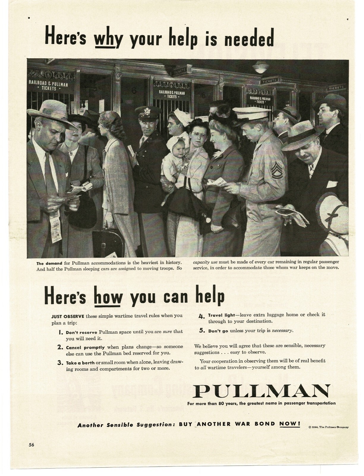 1944 Pullman Passenger Sleeper Cars Soldiers In Ticket Line WWII Print Ad