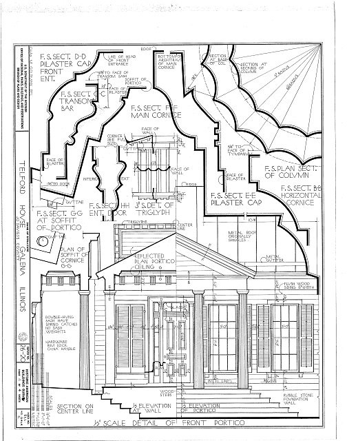 Galena Illinois 1900s Telford House front portico architectural drawing HABS
