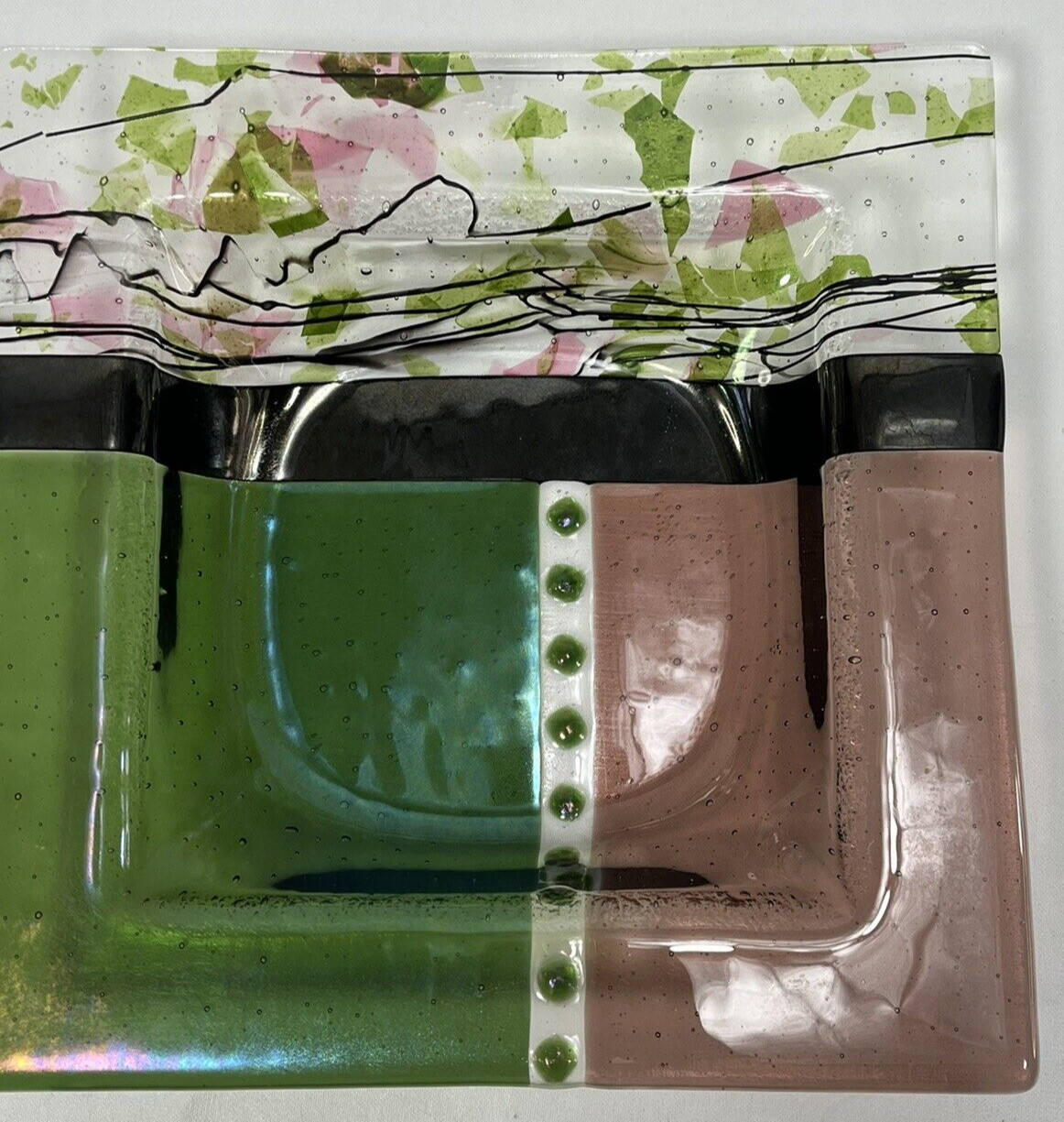 Fused Art Glass Dish Centerpiece Bowl Square Crafted