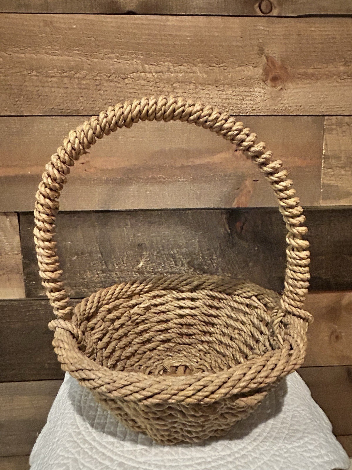 Vintage Woven Jute Rope Basket Round, Wicker And Jute Rope Weaving 12” Tall