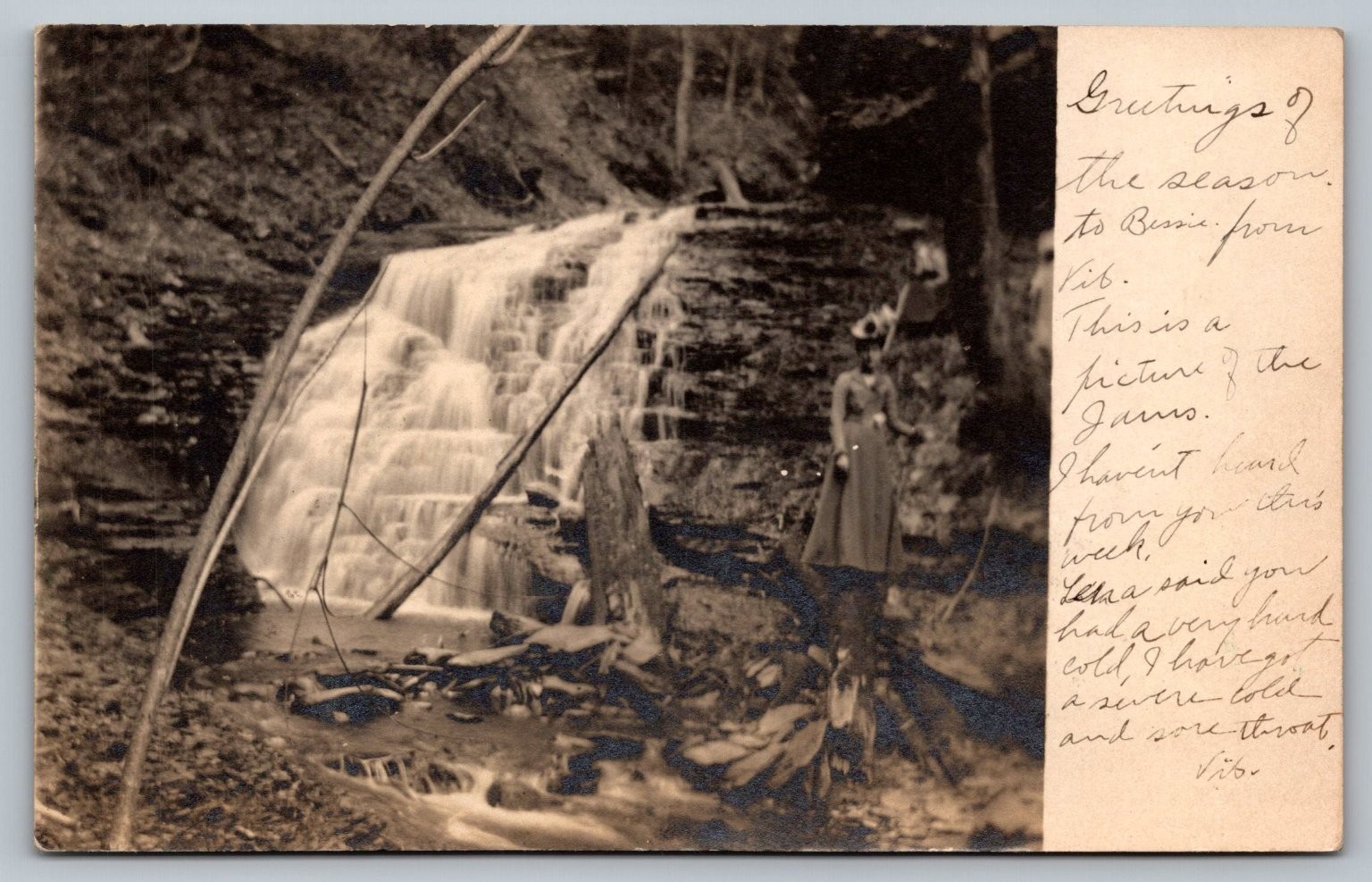 1906 Milford Postcard Waterfall Woman Fort Plain NY Posted