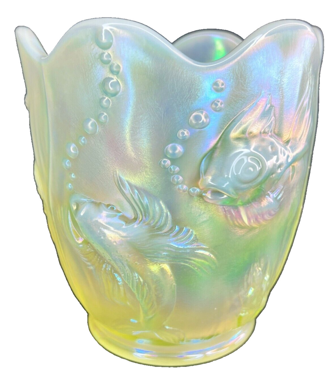 Fenton Topaz Vaseline Opalescent Atlantis Koi Fish Vase 5150 TS - Glows