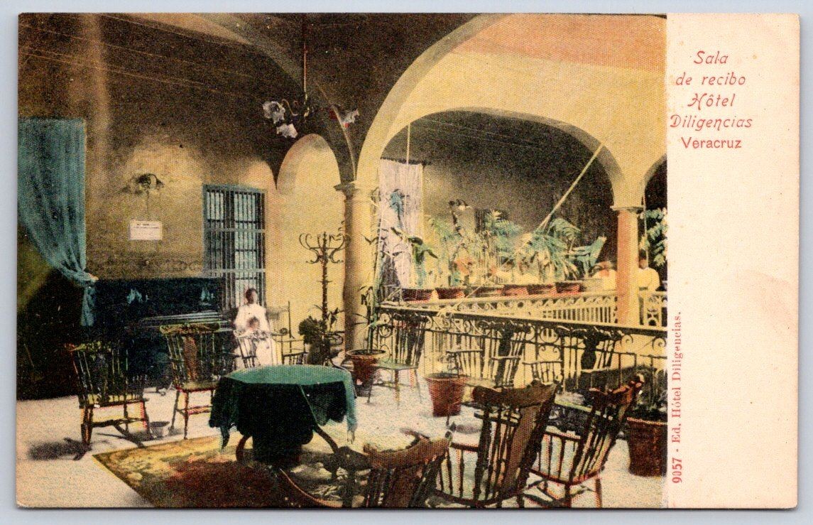 Antique Mexico Postcard VERACRUZ Hotel Diligencias Lobby 1910s