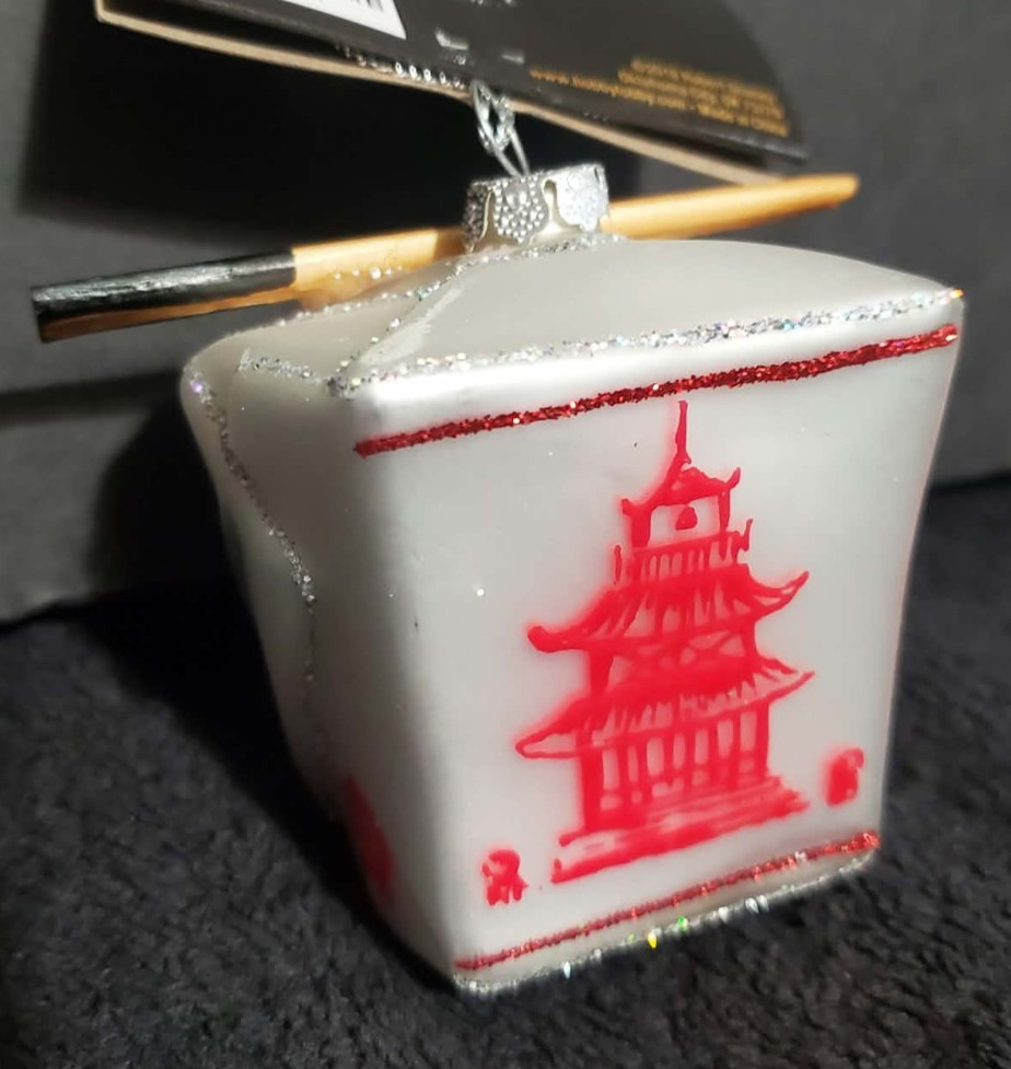 New Robert Stanley glass Christmas ornament Chinese take-out container white