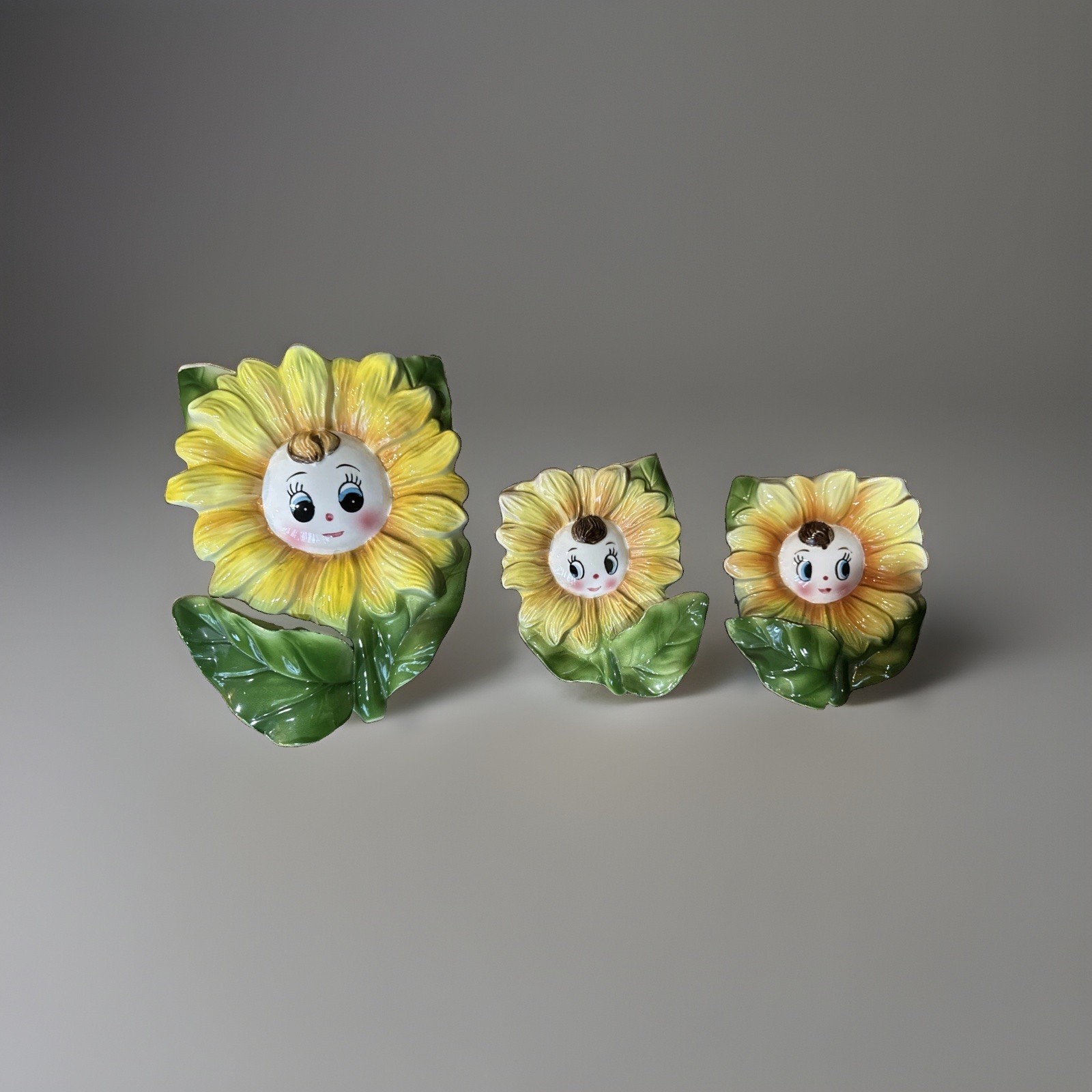 Anthropomorphic PY Miyao Vintage 3 Smiling Sunflower Wall Pockets Made in Japan 