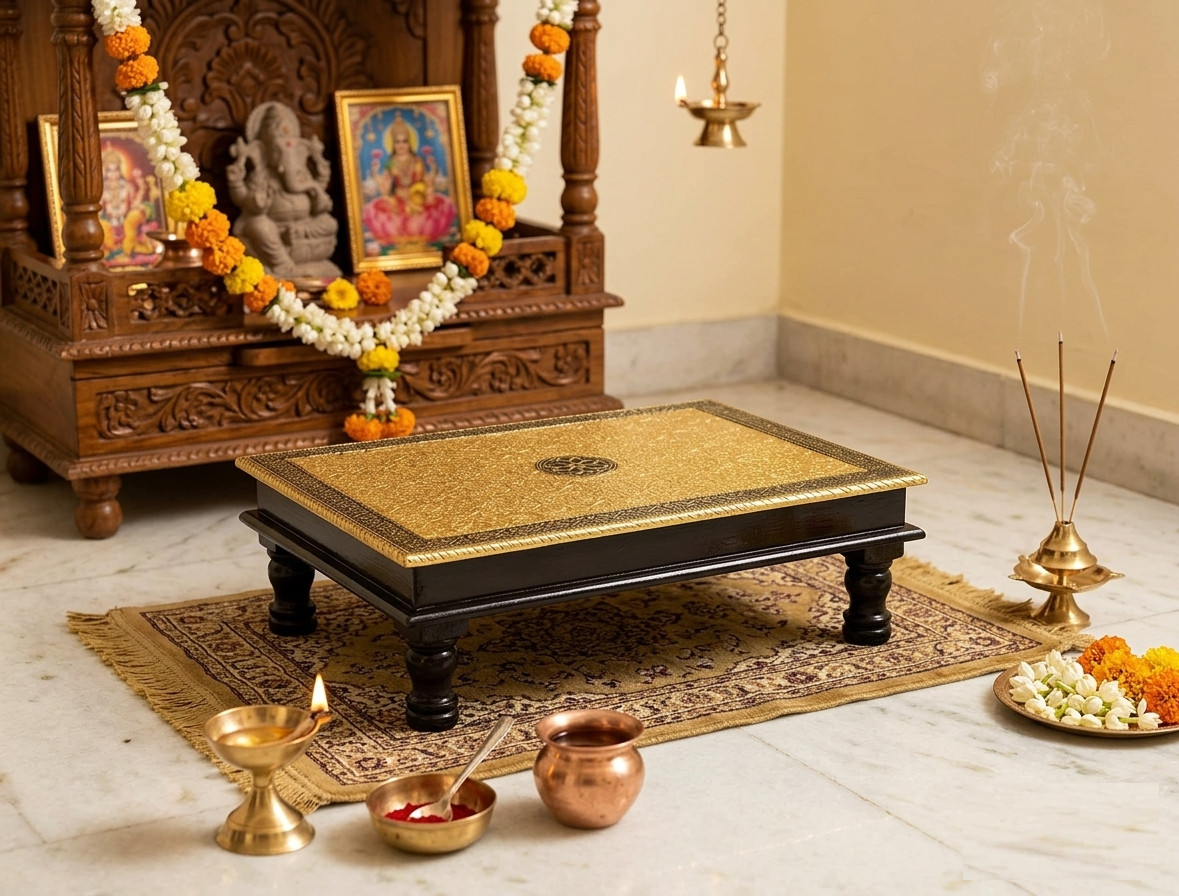 Wooden And Brass Finish Designer Pooja Chowki 12\