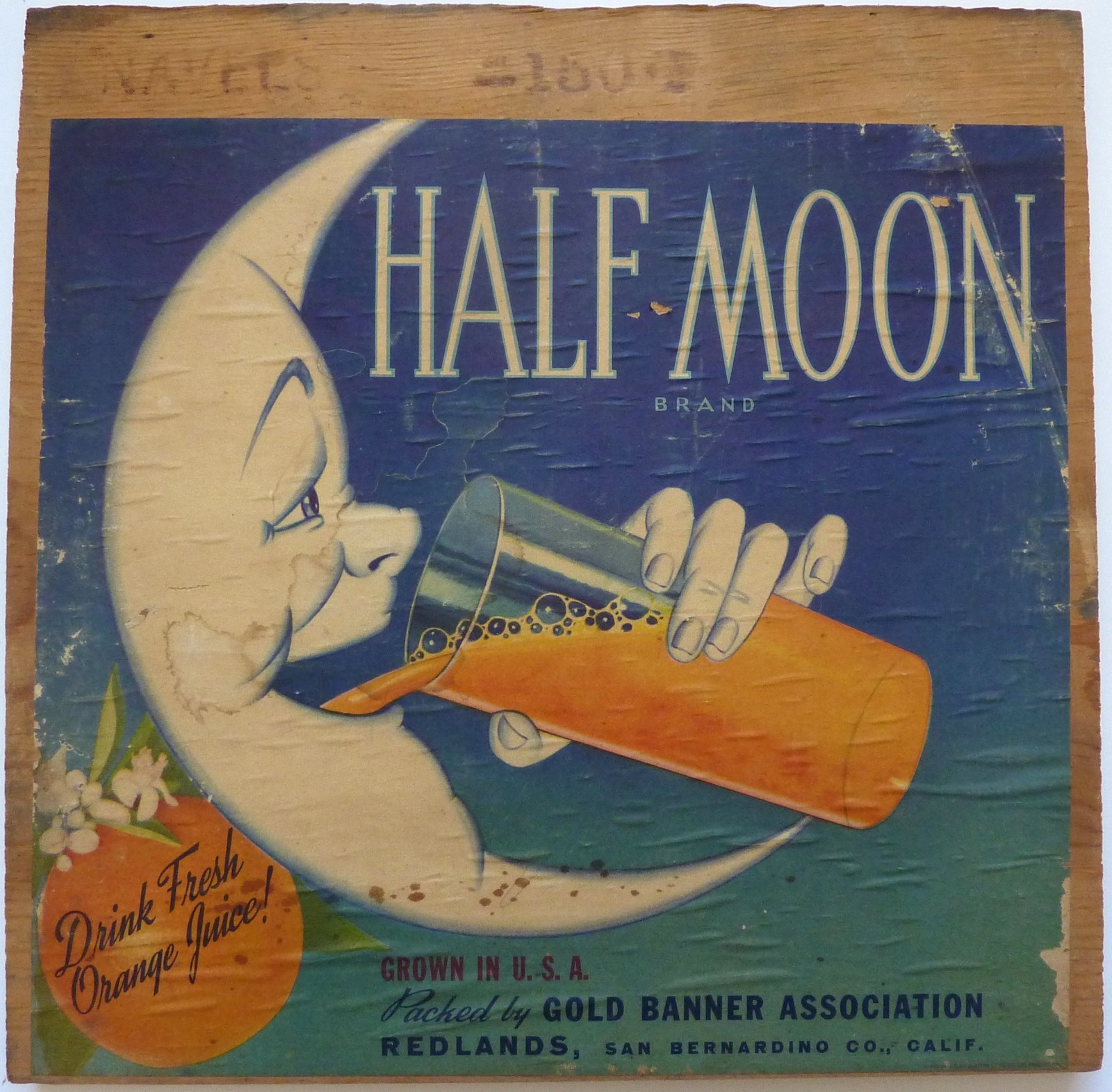 Vintage HALF MOON Brand Orange Crate Label on Wooden Box End Redlands CA