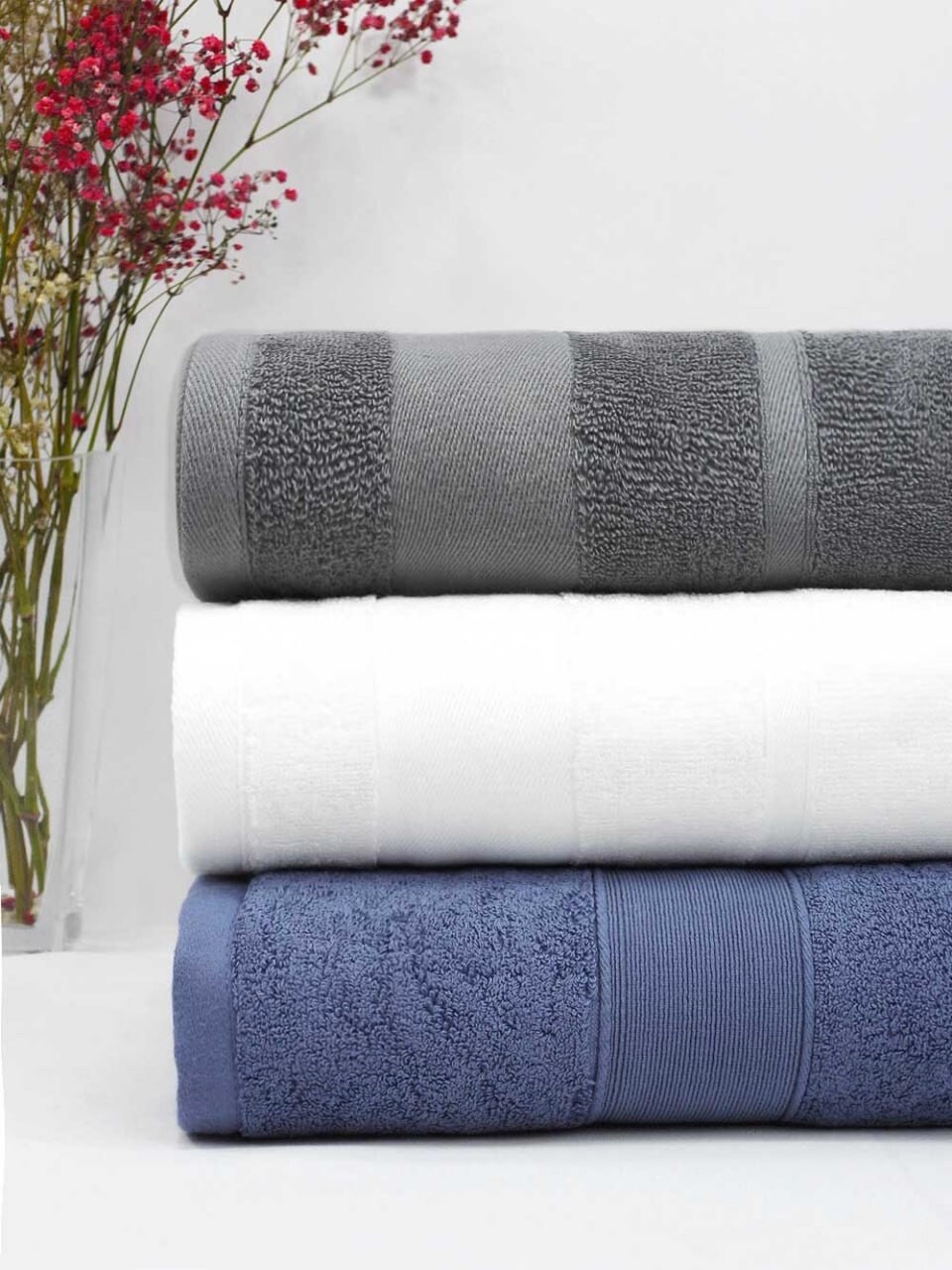 100% Cotton Large Size Bath Towels Set ( Grey, White, Blue)