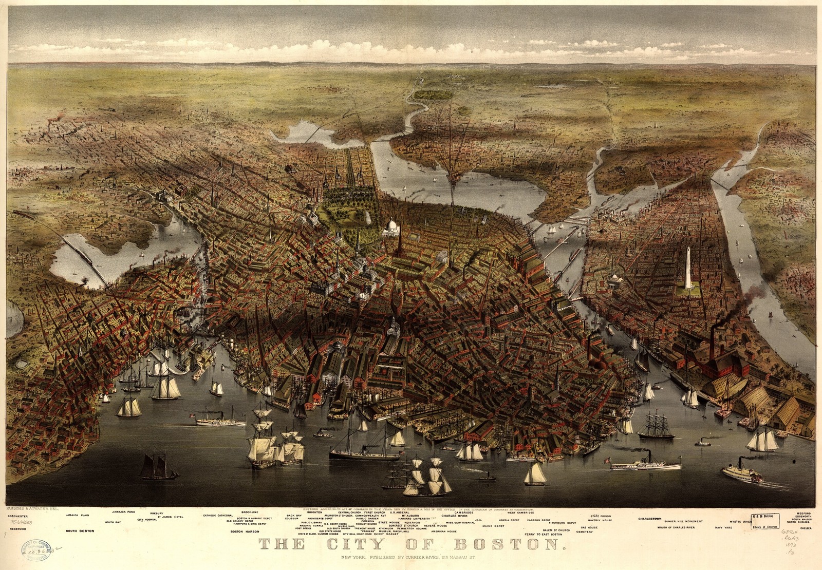 Boston Massachusetts 1873 Vintage Panoramic Map Currier Ives Reprint Wall Art