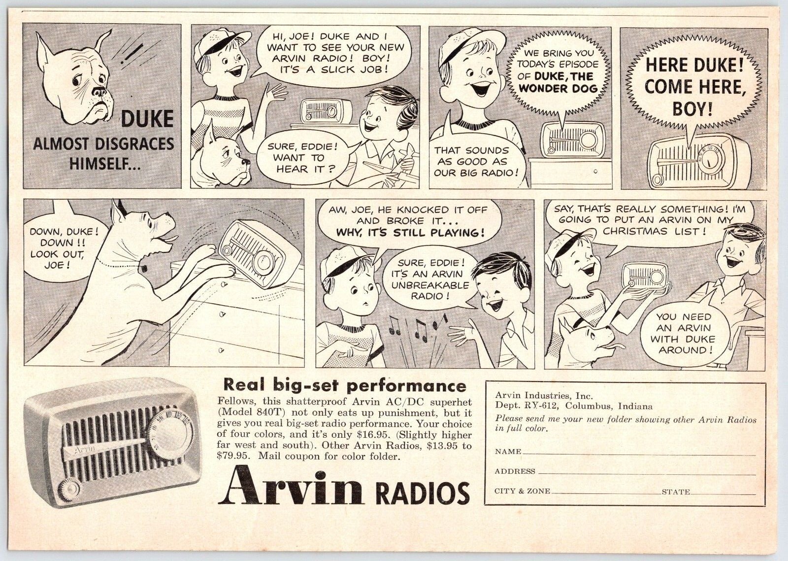 1956 ARVIN RADIOS DUKE COMIC Vintage 7\ 1956 ARVIN RADIOS DUKE COMIC Vintage 7\