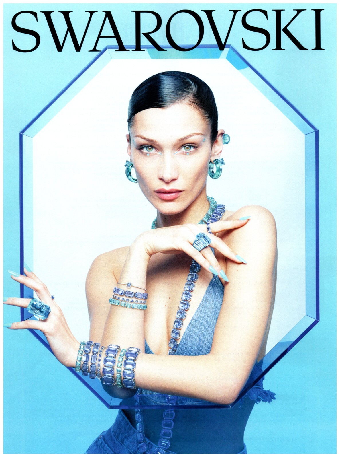 PRINT AD, 2022 Swarovski Bella Hadid Pinup Blue Crystal Jewlery Sexy Cleavage