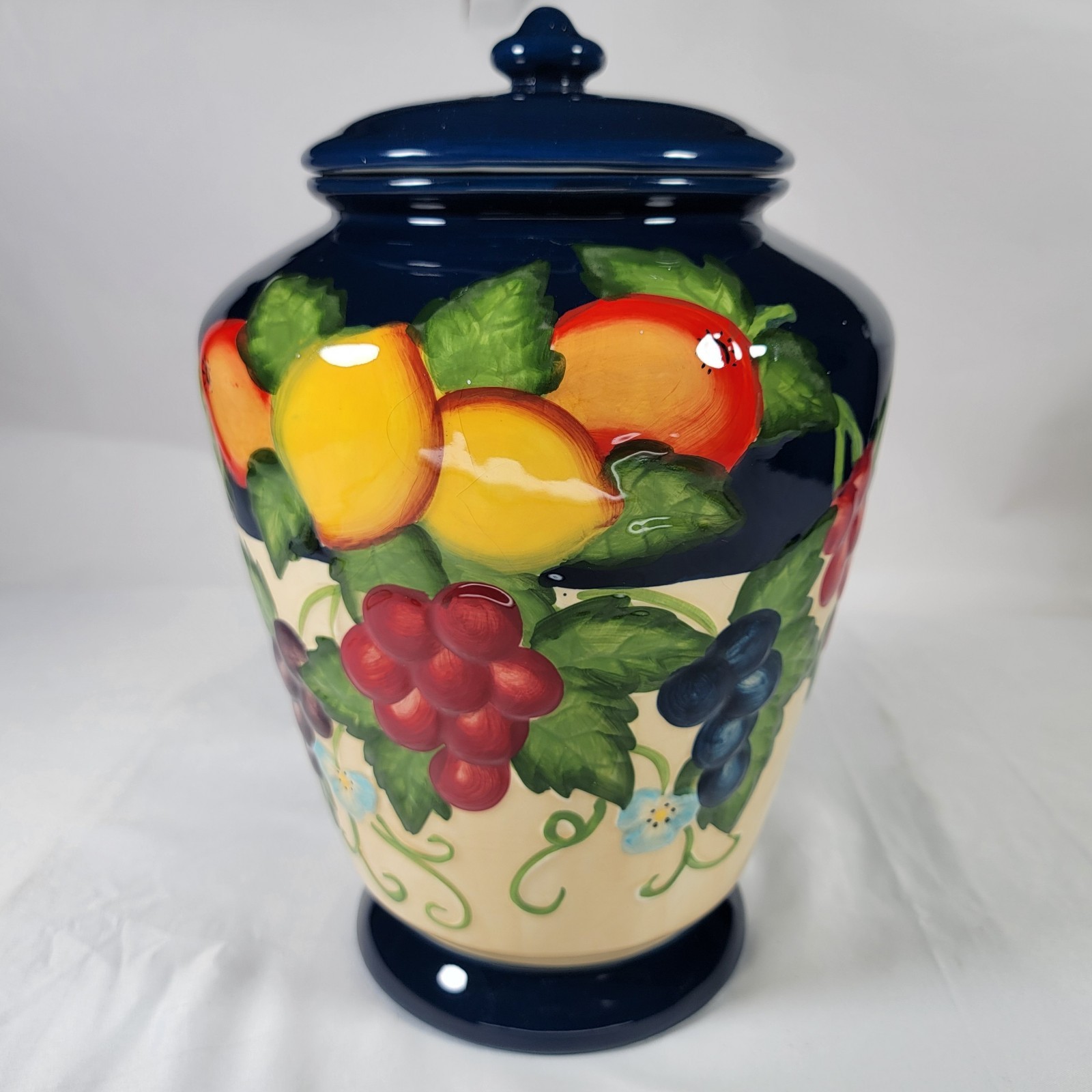Vintage Nonni\'s Hand Painted Fruit Ceramic Cookie Jar Blue Grapes Apple Pear 