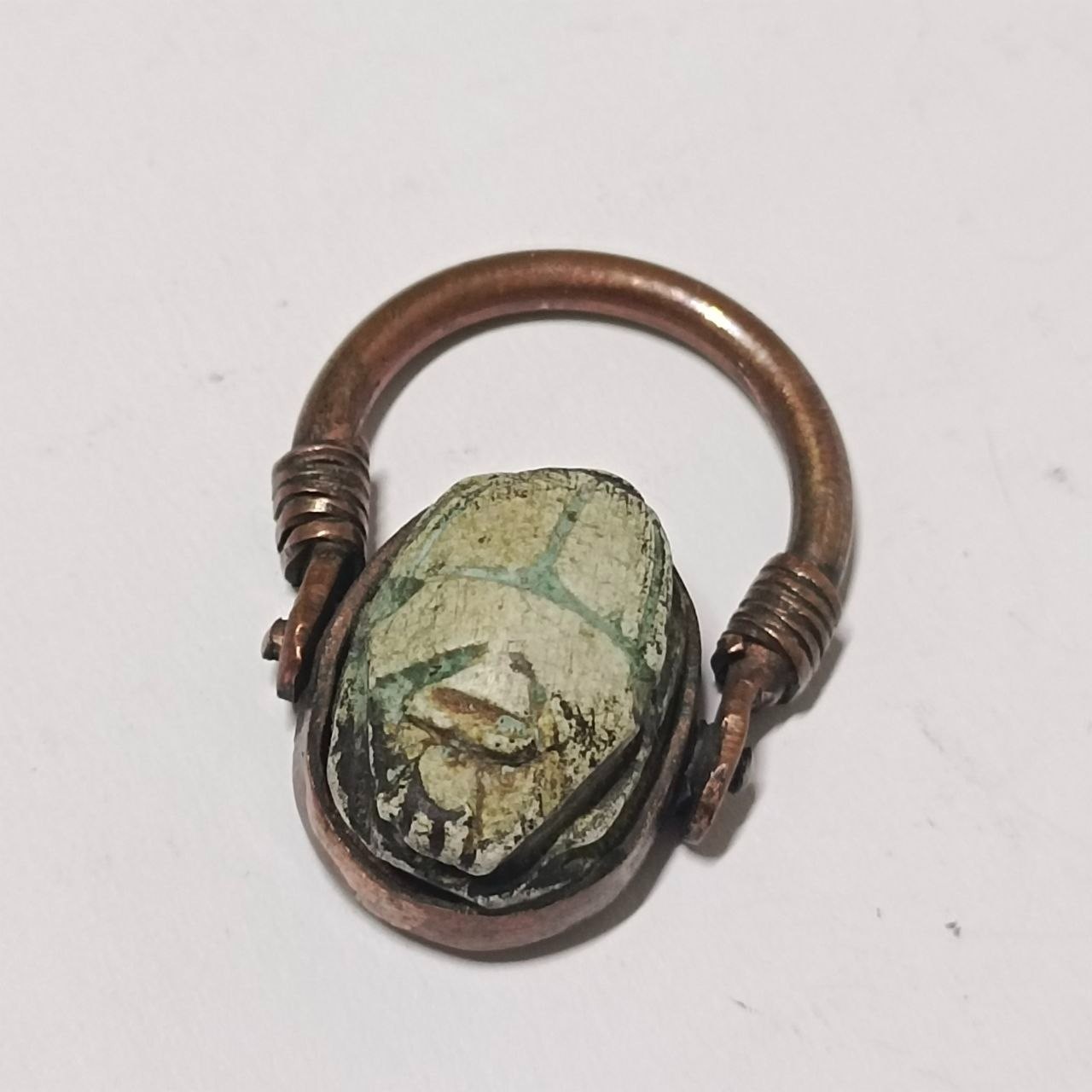 Copper Scarab Ring, Faux Turquoise Stone, Egyptian Pharaoh Jewelry Collectible