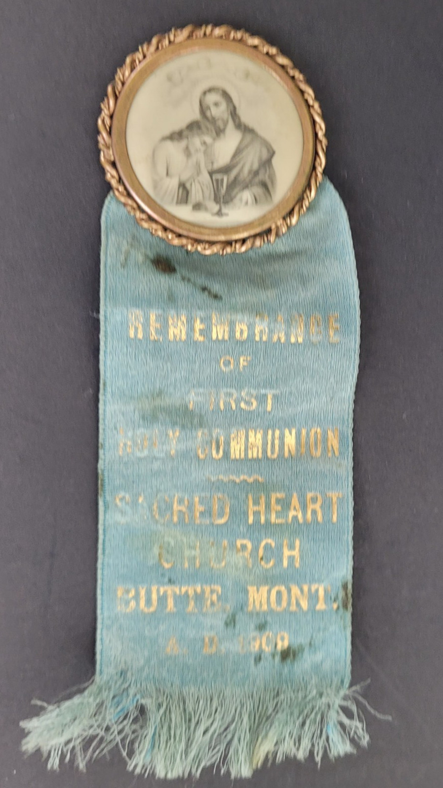 Antique Catholic First Communion Silk Button Badge 1909 Butte Montana