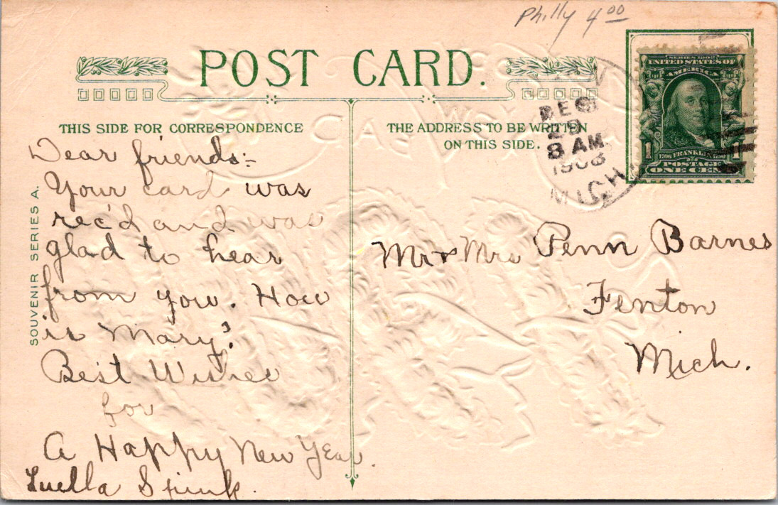 1909 Michigan MI New Year Posted ONE Cent Stamp ANTIQUE Postcard
