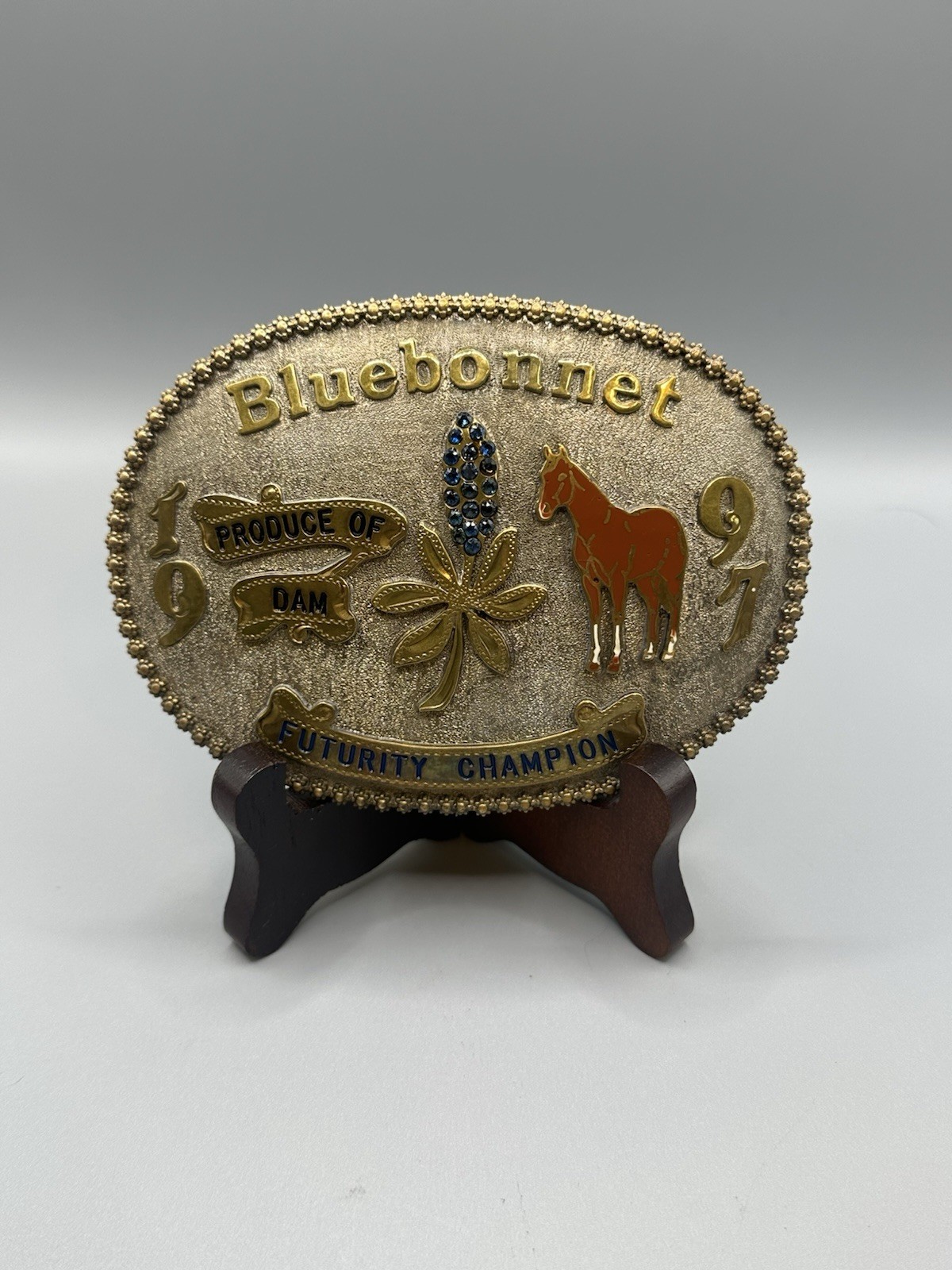 Vintage 1997 Futurity Champion Bluebonnet Produce Of Dam Trophy Belt Buckle