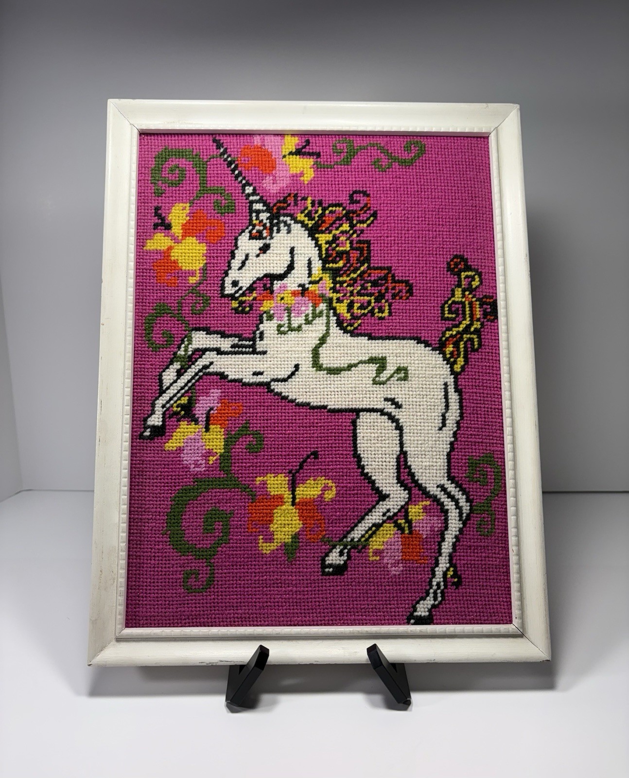 Vintage Handmade Framed Needlepoint Unicorn Wall Art Pink 10”x13”