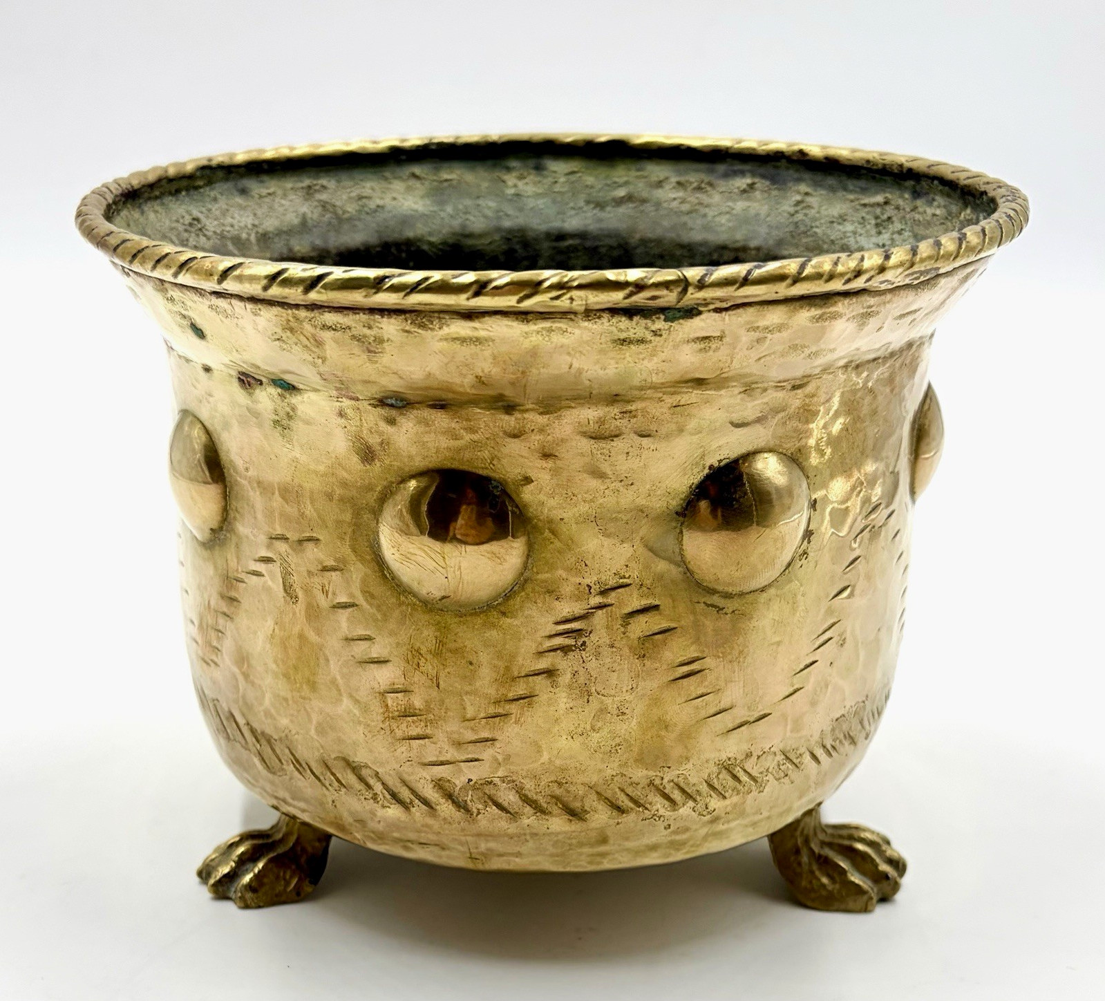 Vintage Italian Hammered Brass Footed Cachepot Jardiniere Planter