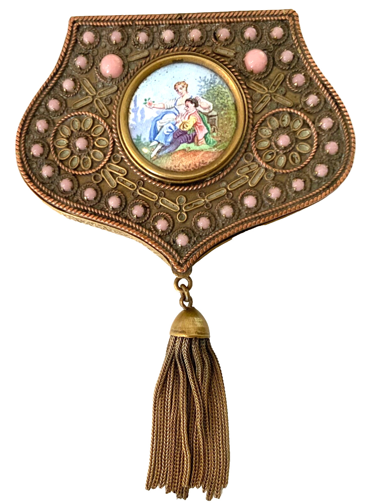 EXQUISITE FRENCH Antique *PINK STONES* ENAMEL* PORTRAITS*TASSEL* Compact EXQUISITE FRENCH Antique *PINK STONES* ENAMEL* PORTRAITS*TASSEL* Compact