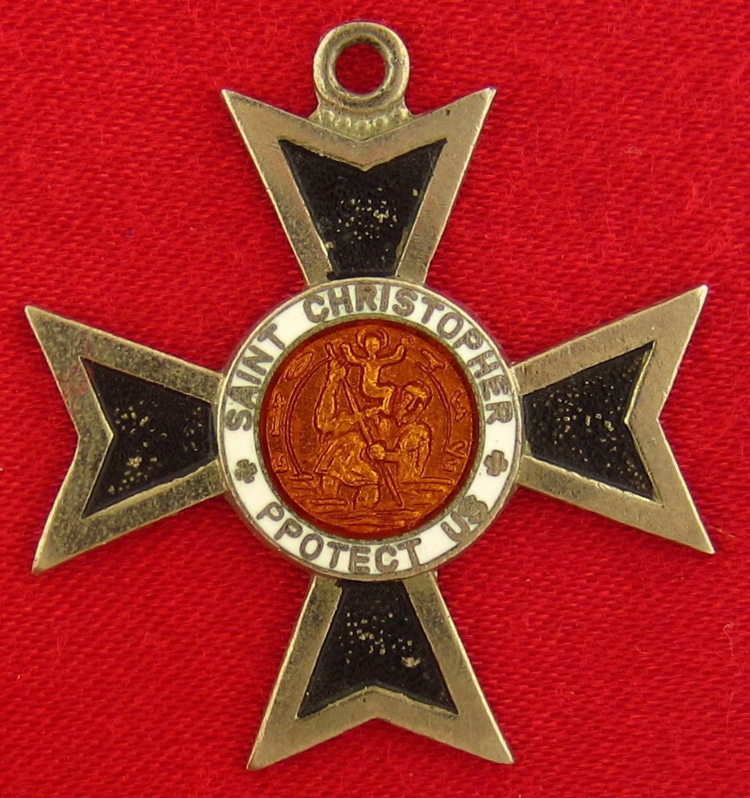 Vintage SAINT CHRISTOPHER Medal ORANGE ENAMEL MALTESE CROSS Pendant SURFER Japan