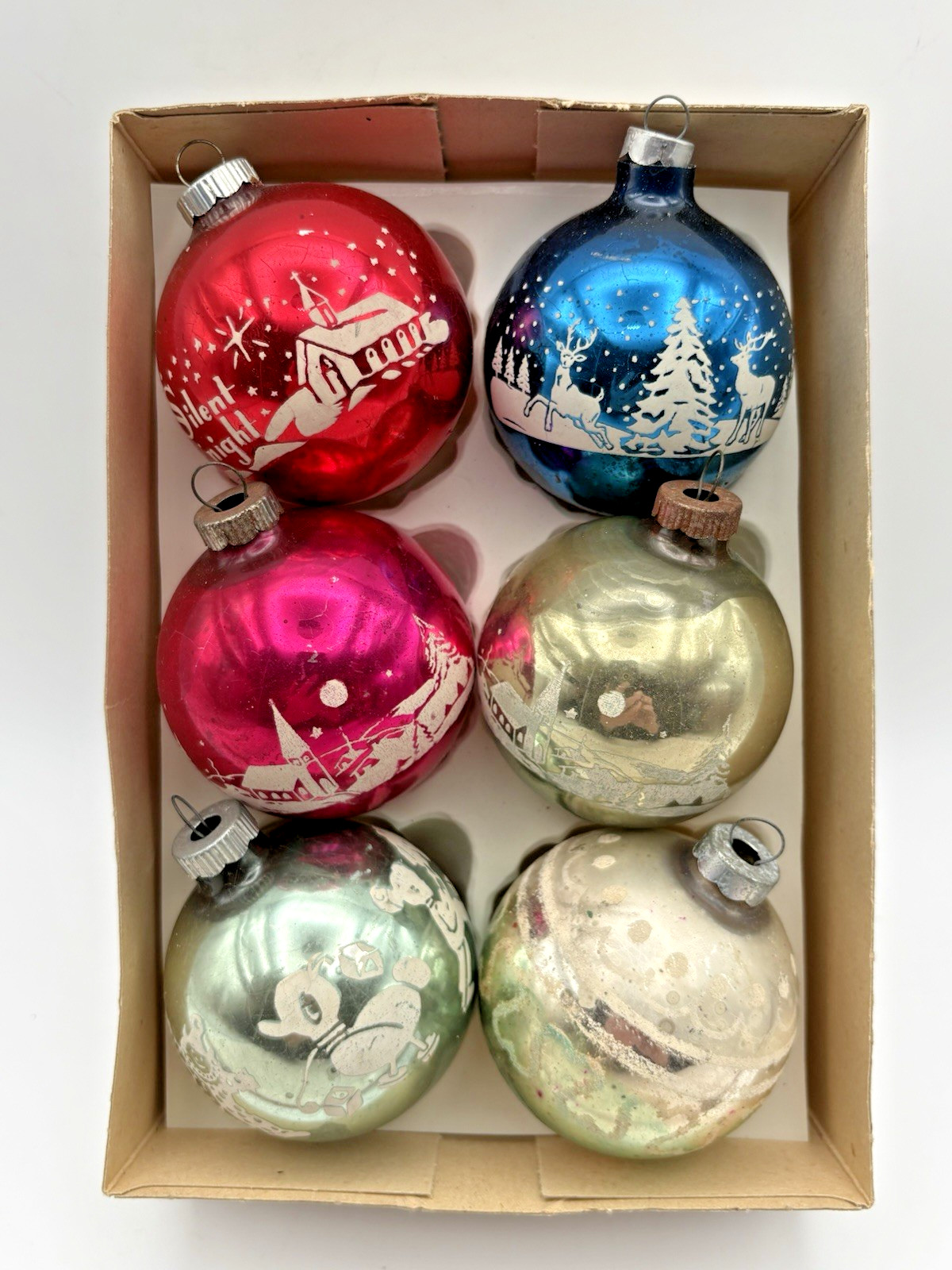 6 Vintage Shiny Brite USA Mixed Lot Deer Baby Church Christmas Glass Ornaments