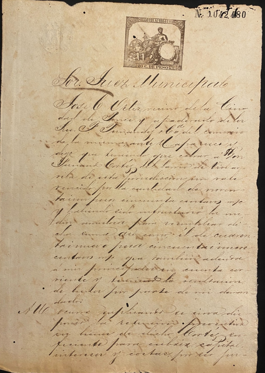 Puerto Rico, 1885, PONCE / UTUADO, Documento Legal, DEMANDA, Sello 20ct de Peso