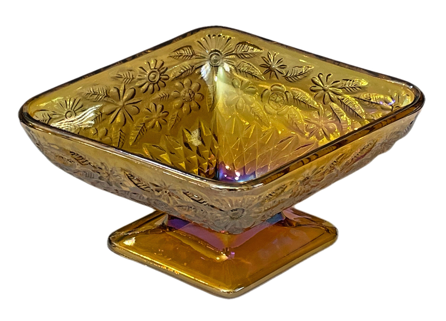 Indiana Carnival Glass Compote Pineapple Diamond & Floral Amber Footed 6 Indiana Carnival Glass Compote Pineapple Diamond & Floral Amber Footed 6