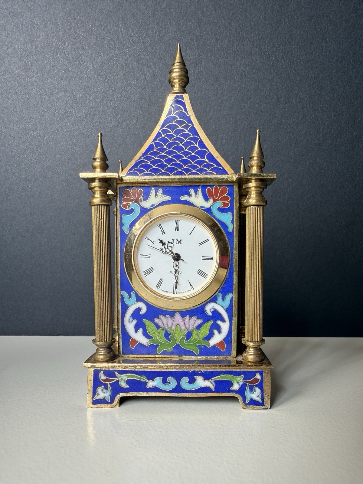 Chinese Cloisonné Enamel Pagoda Mantel Clock Blue Brass Quartz Japan Movement