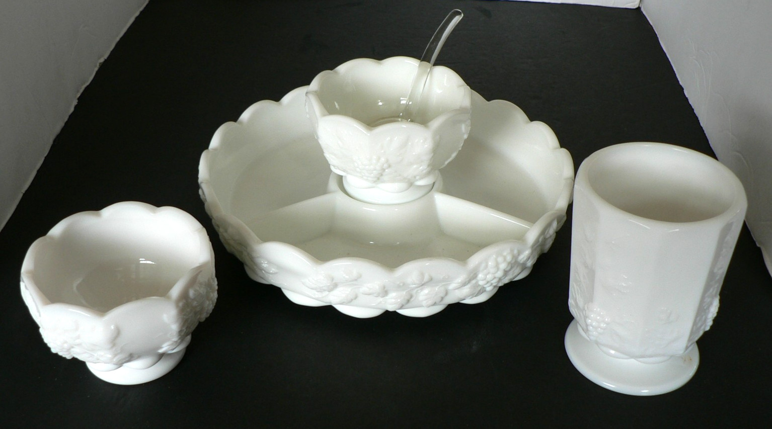 VINTAGE WESTMORELAND MILK GLASS SET - RELISH DISH, VASE/TUMBLER, SUGAR CUP